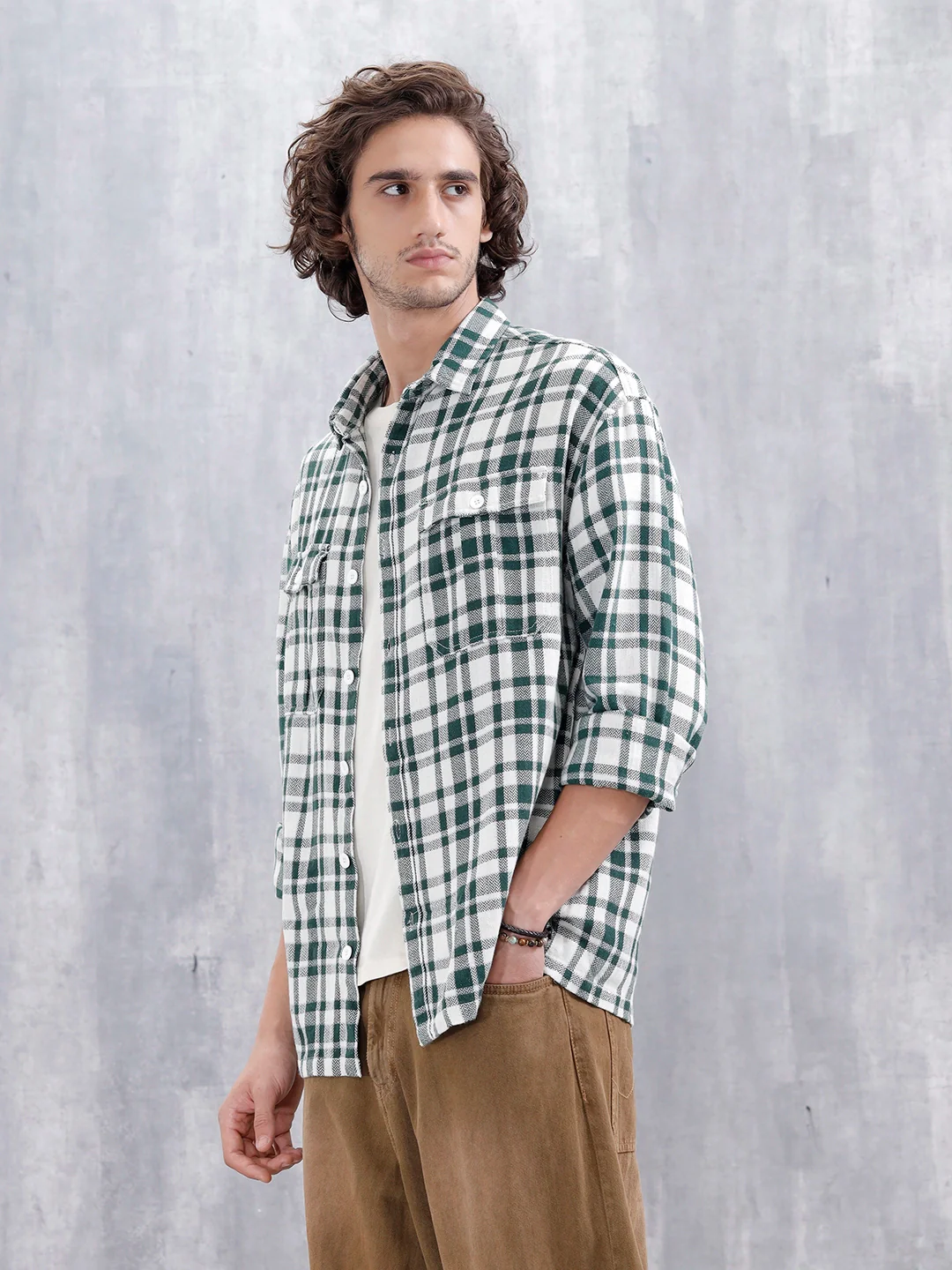 Checkered Pattern Double Pocket Oversized Fit Shirt | Green - Image 4