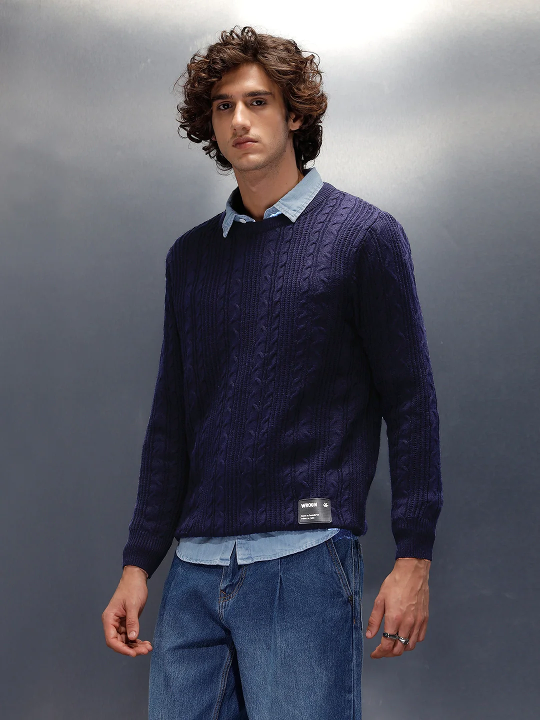 Chunky Cable Knit Slim Fit Crew Neck Sweater  | Navy Blue - Image 4