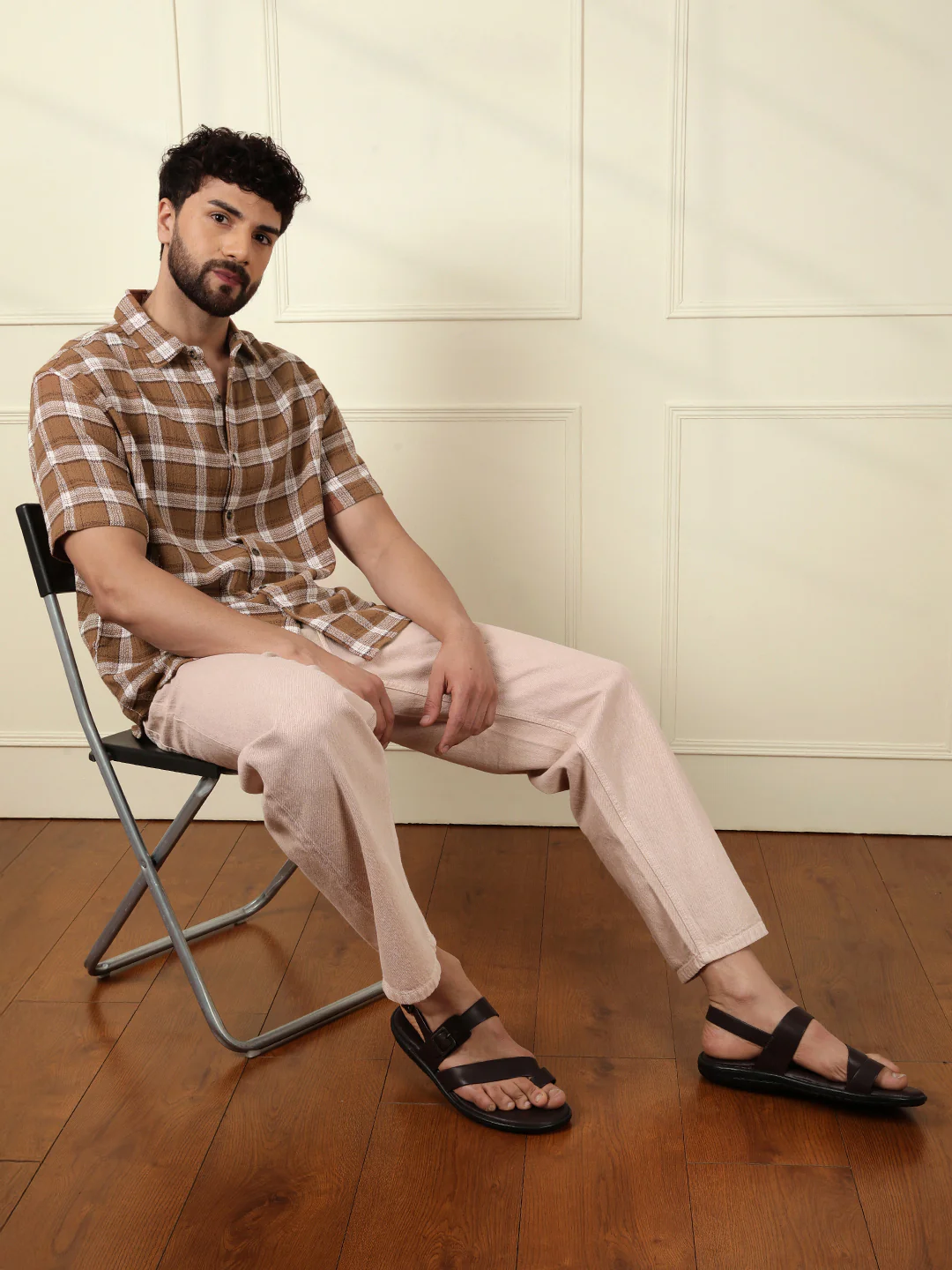 Checked Short Sleeve Textured Shirt | Brown - Image 2