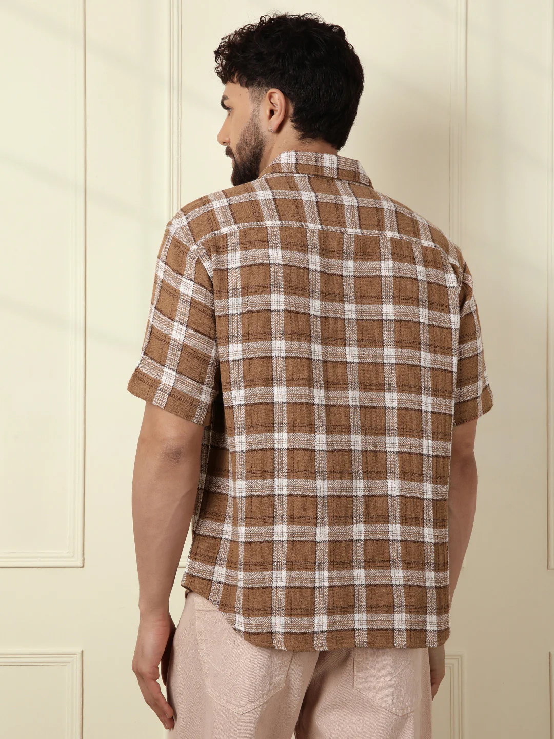 Checked Short Sleeve Textured Shirt | Brown - Image 3