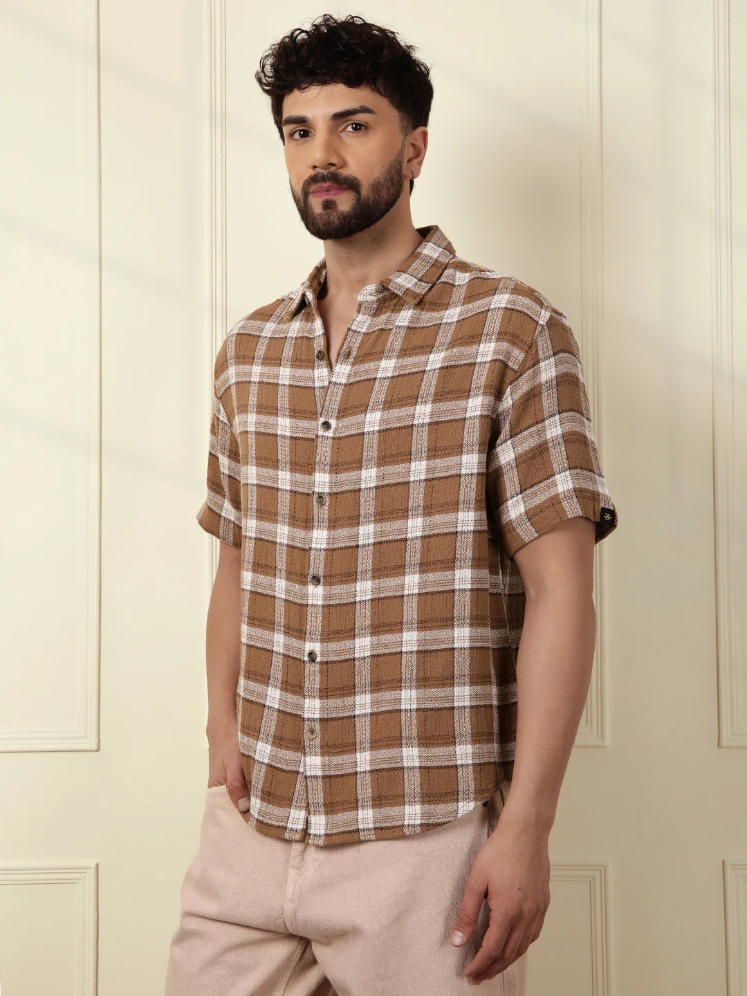 Checked Short Sleeve Textured Shirt | Brown - Image 4