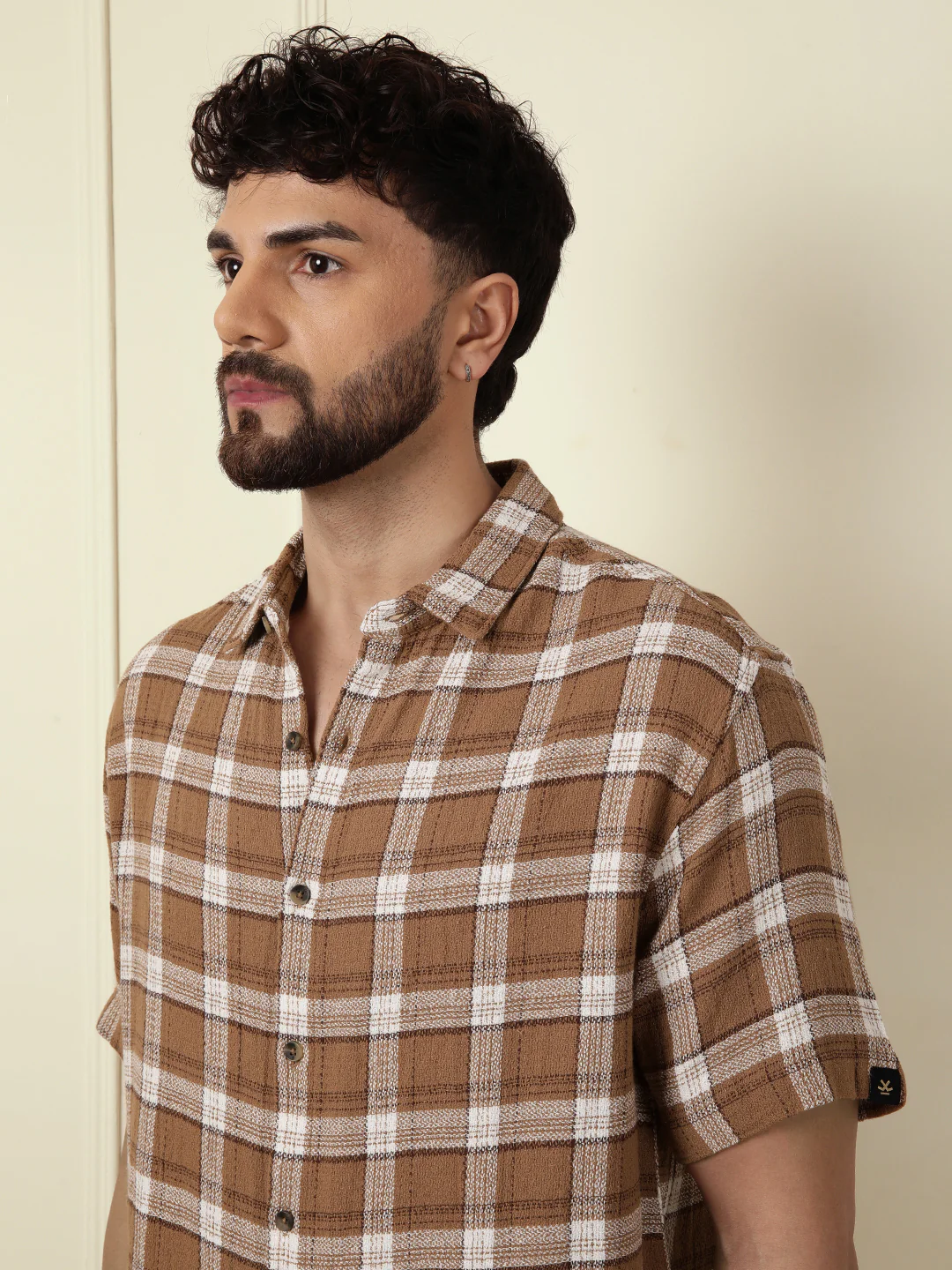 Checked Short Sleeve Textured Shirt | Brown - Image 5