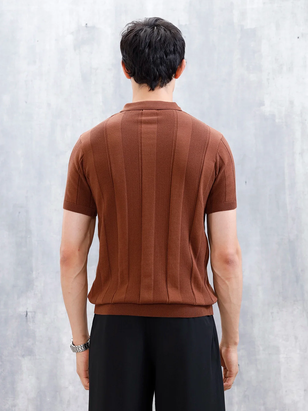 Classic Flat Knit Textured Polo T-Shirt For Men | Brown - Image 3