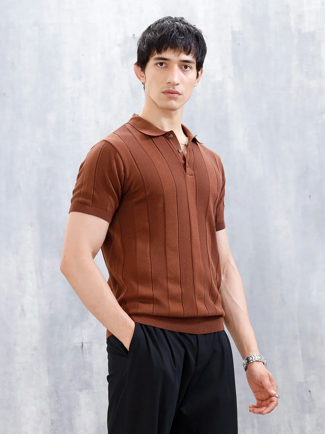 Classic Flat Knit Textured Polo T-Shirt For Men | Brown - Image 4