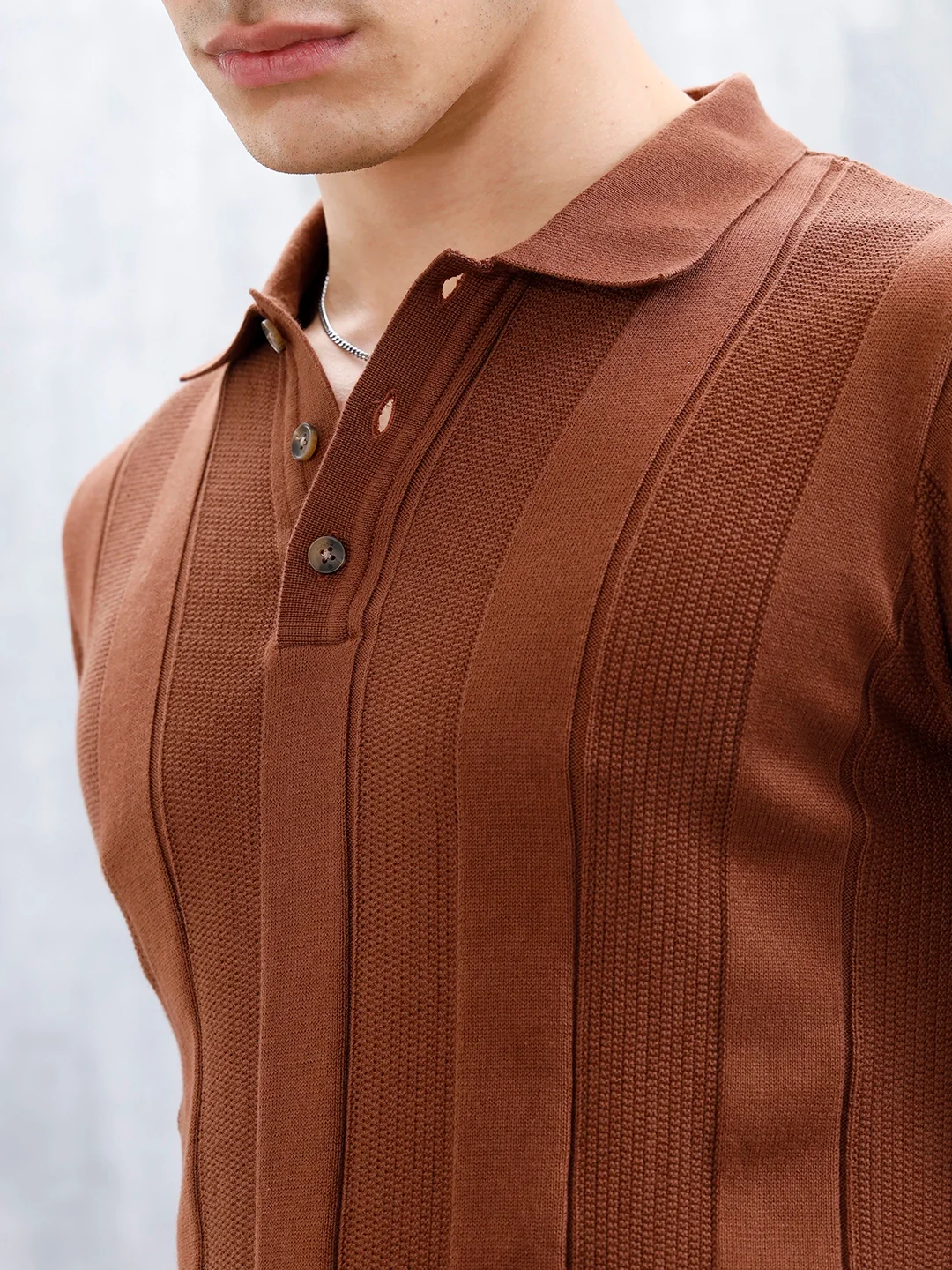 Classic Flat Knit Textured Polo T-Shirt For Men | Brown - Image 5