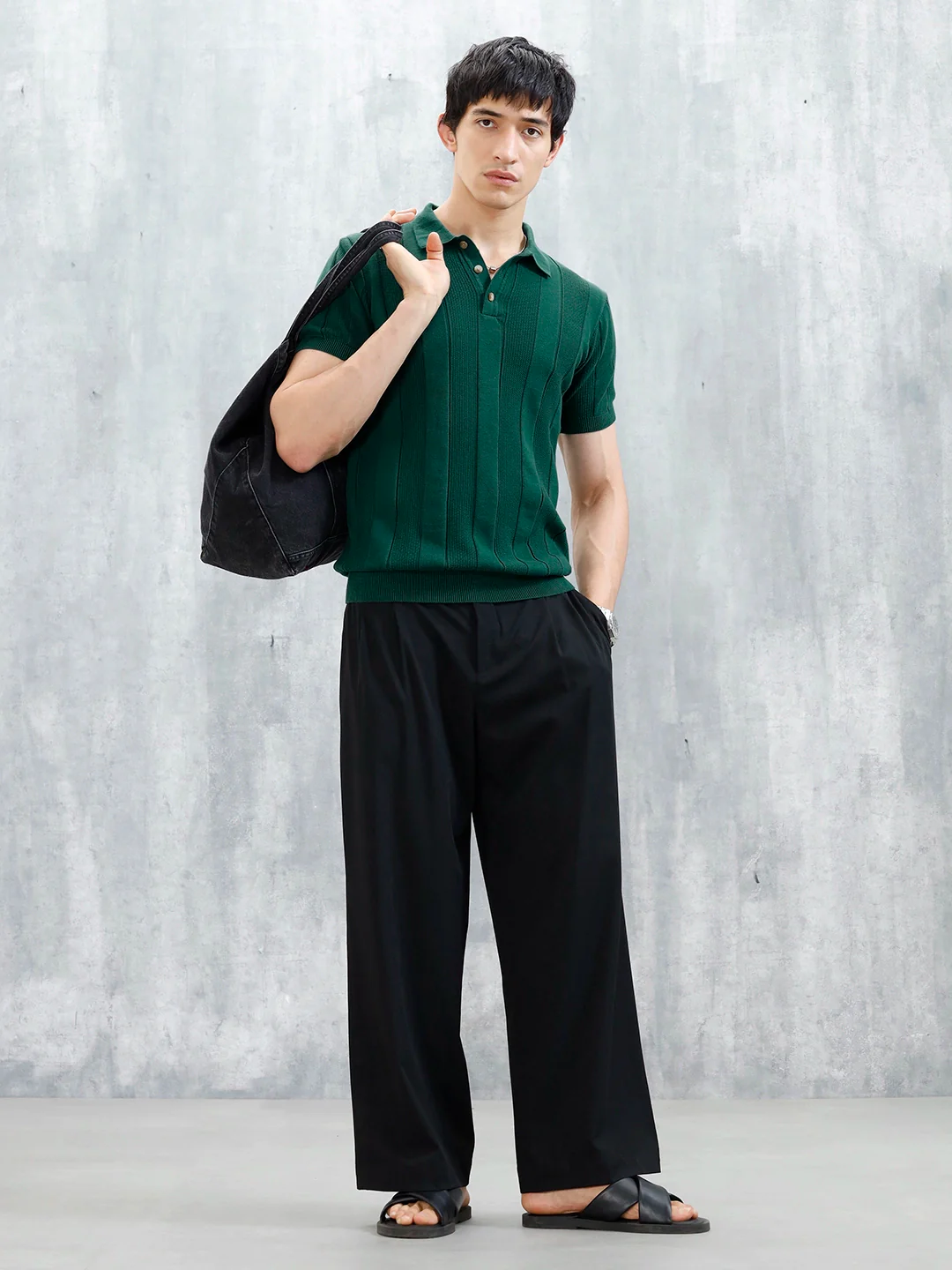 Classic Flat Knit Textured Polo T-Shirt For Men | Green - Image 2