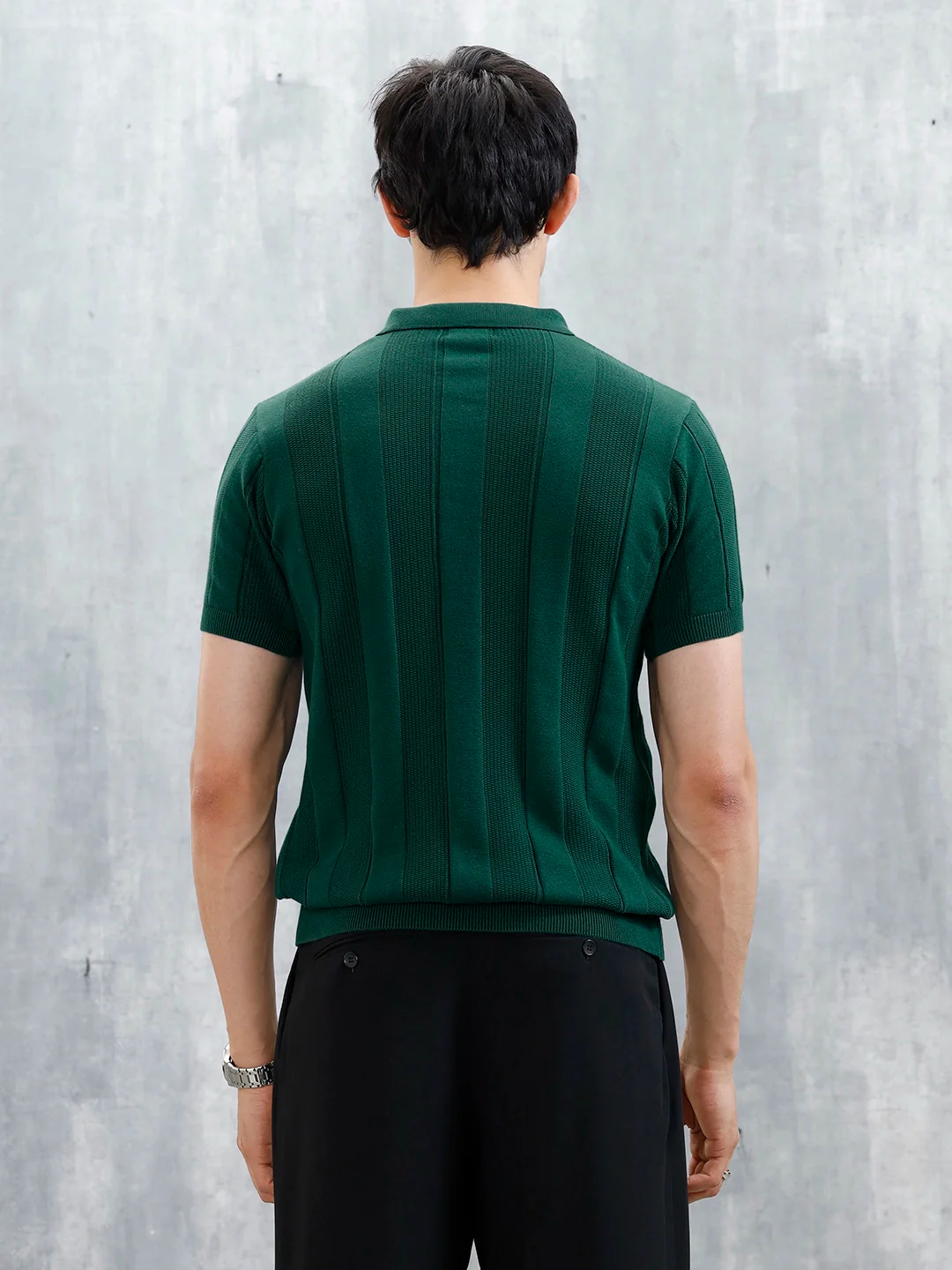 Classic Flat Knit Textured Polo T-Shirt For Men | Green - Image 3