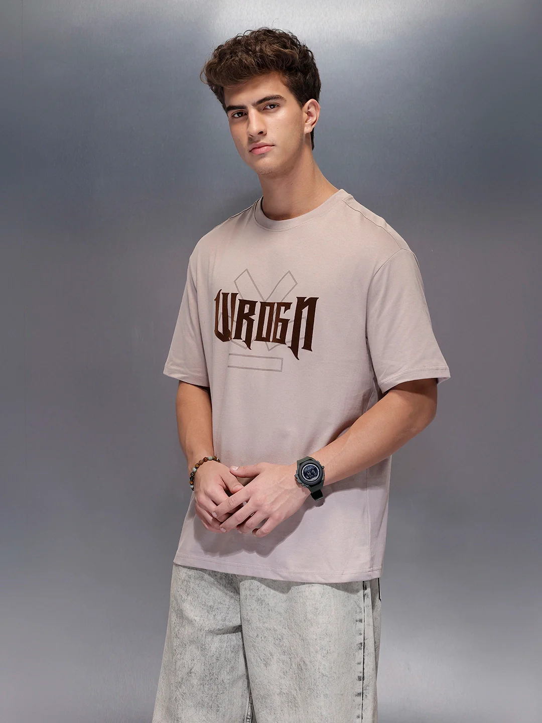Classic Flock Printed Crew Neck T-Shirt  | Beige - Image 4