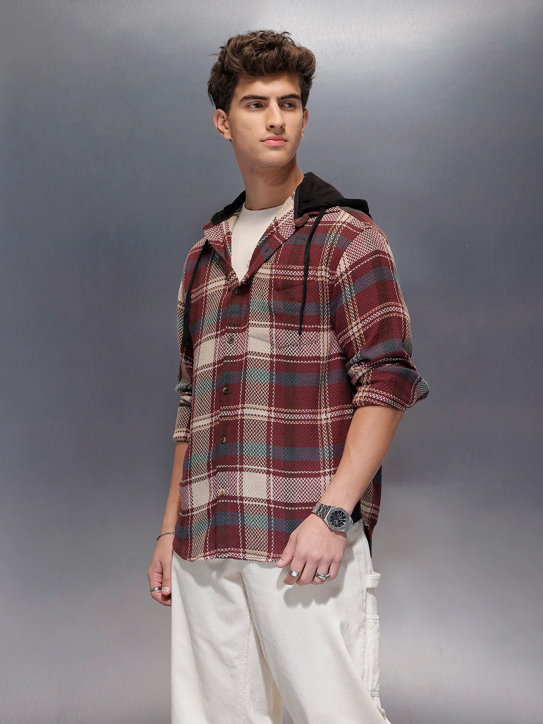 Classic Herringbone Hooded Shirt  | Maroon - Image 3