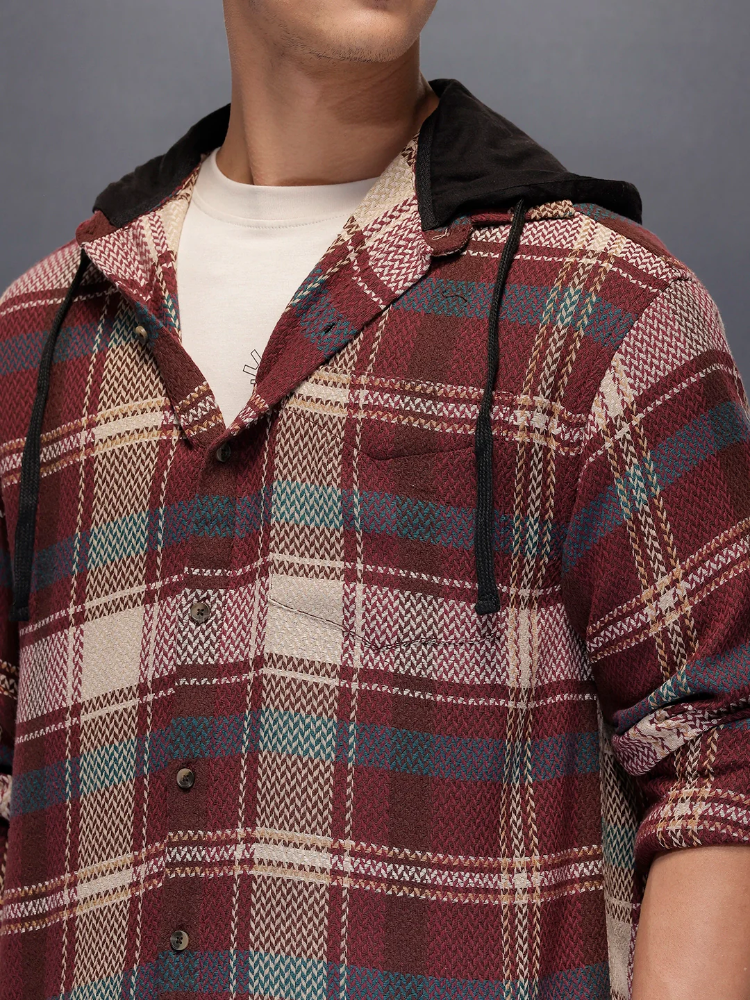 Classic Herringbone Hooded Shirt  | Maroon - Image 4