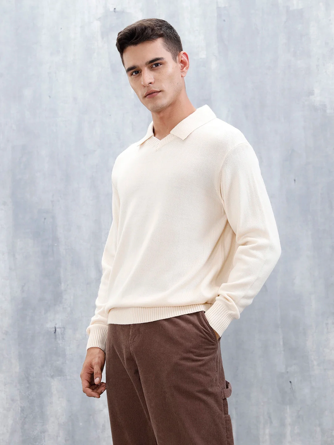 Classic Knit Men’s Sweater With Polo Collar | White - Image 4