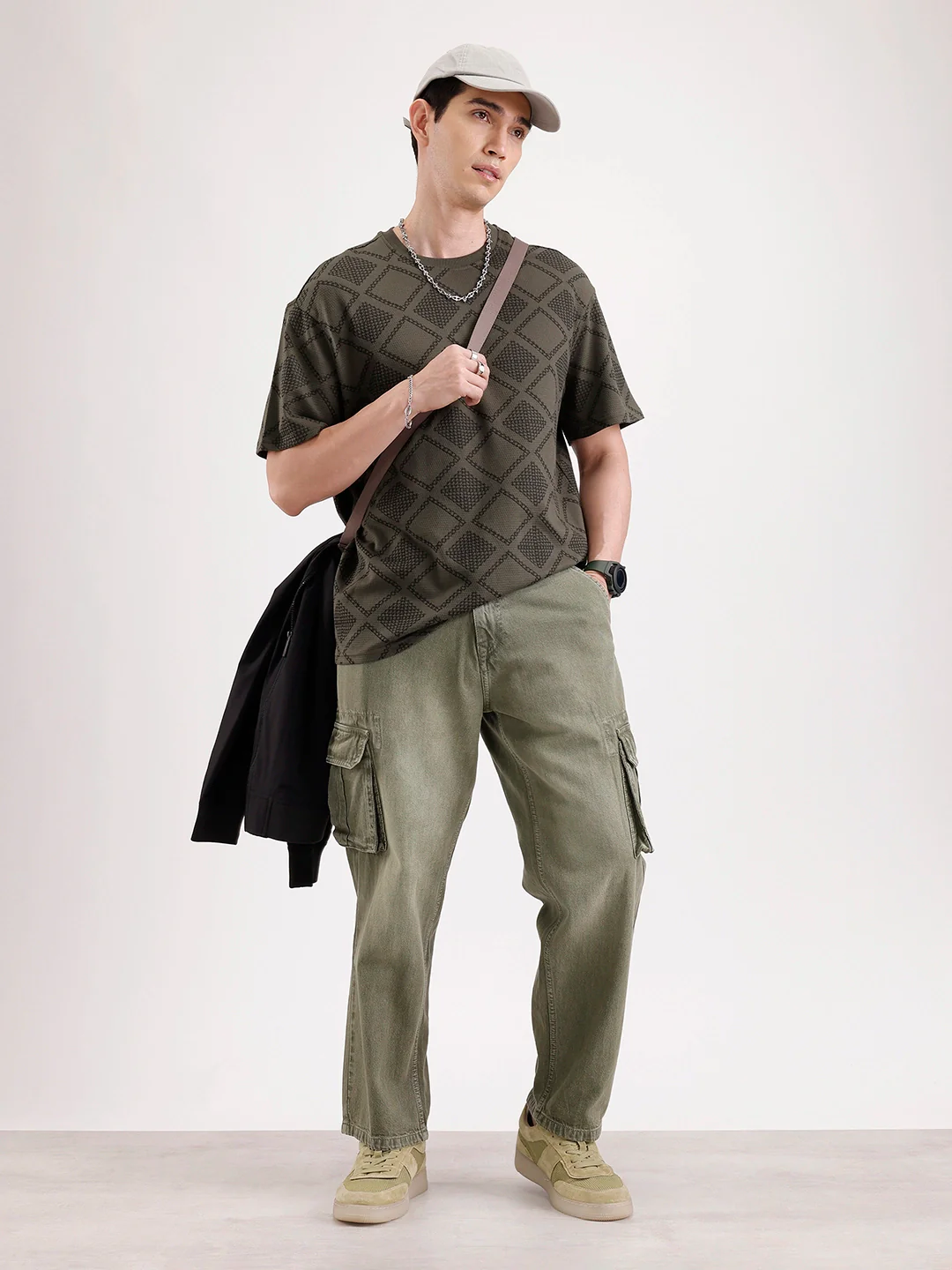 Oversized Popcorn Textured AOP T-Shirt | Olive - Image 2