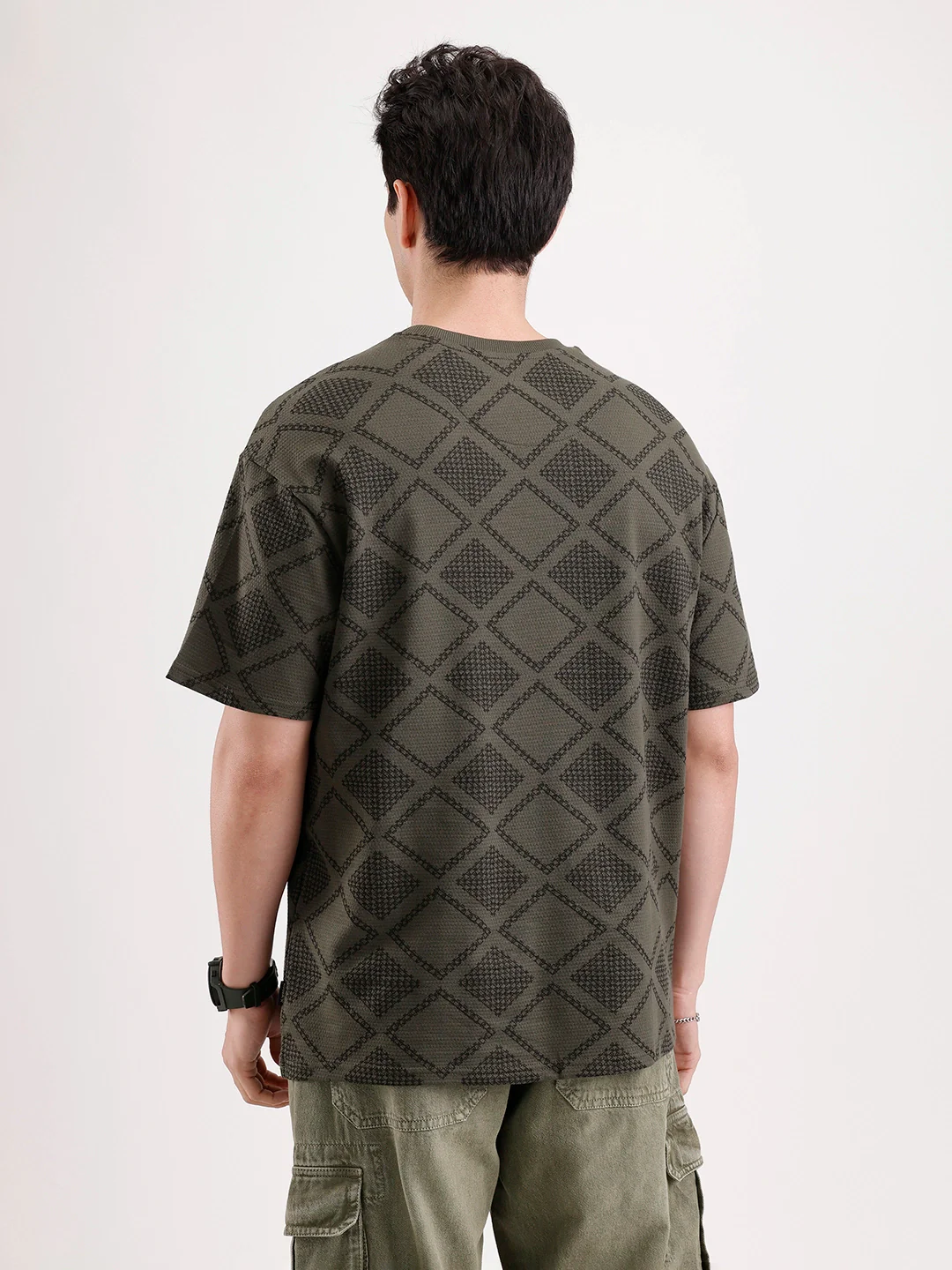 Oversized Popcorn Textured AOP T-Shirt | Olive - Image 3