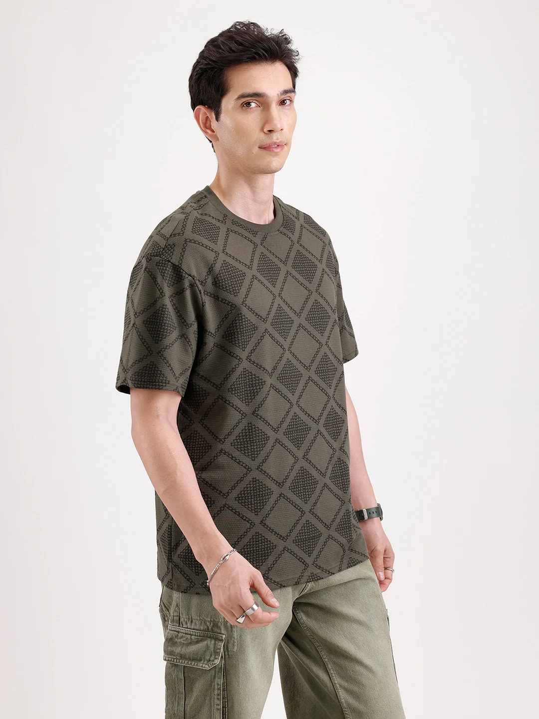 Oversized Popcorn Textured AOP T-Shirt | Olive - Image 4