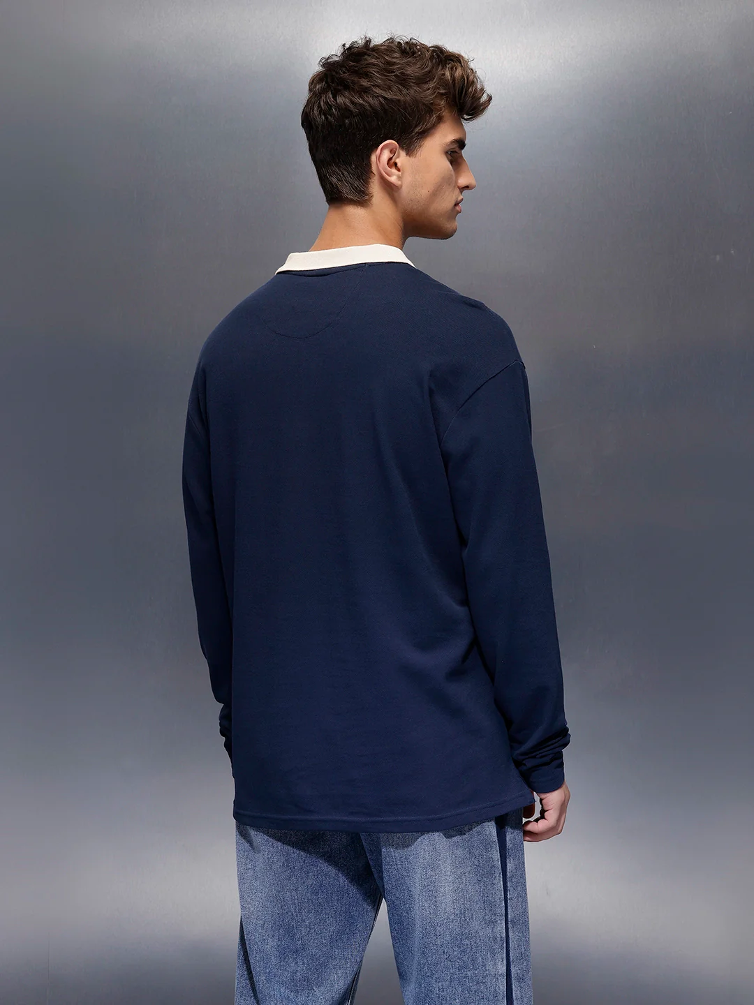 Classic Oversized Full Sleeves Polo T-Shirt  | Navy Blue - Image 3