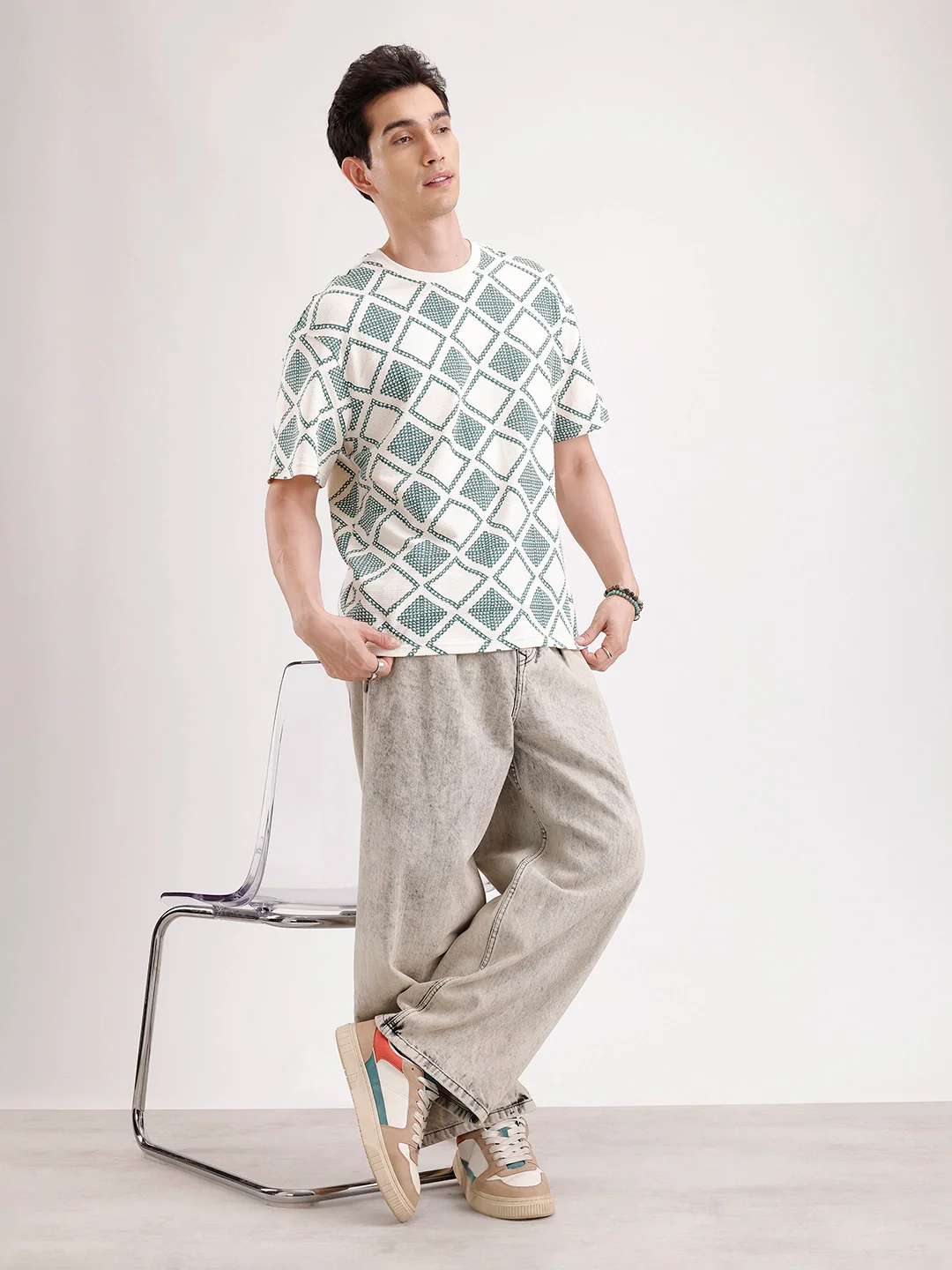 Oversized Popcorn Textured AOP T-Shirt | Olive - Image 2