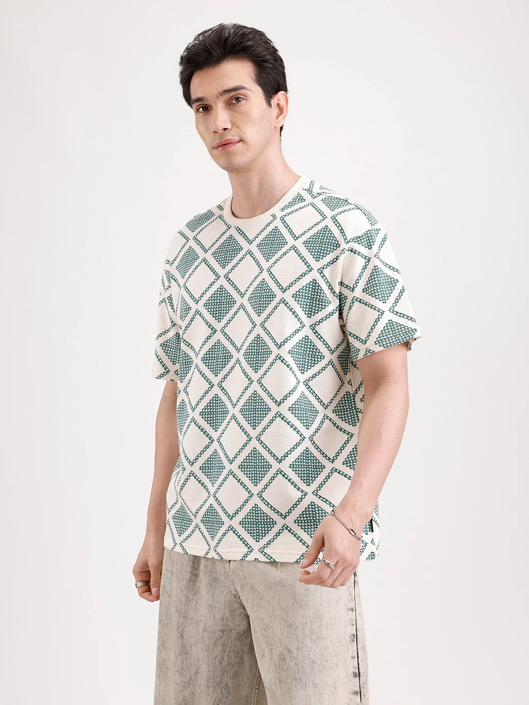 Oversized Popcorn Textured AOP T-Shirt | Olive - Image 4
