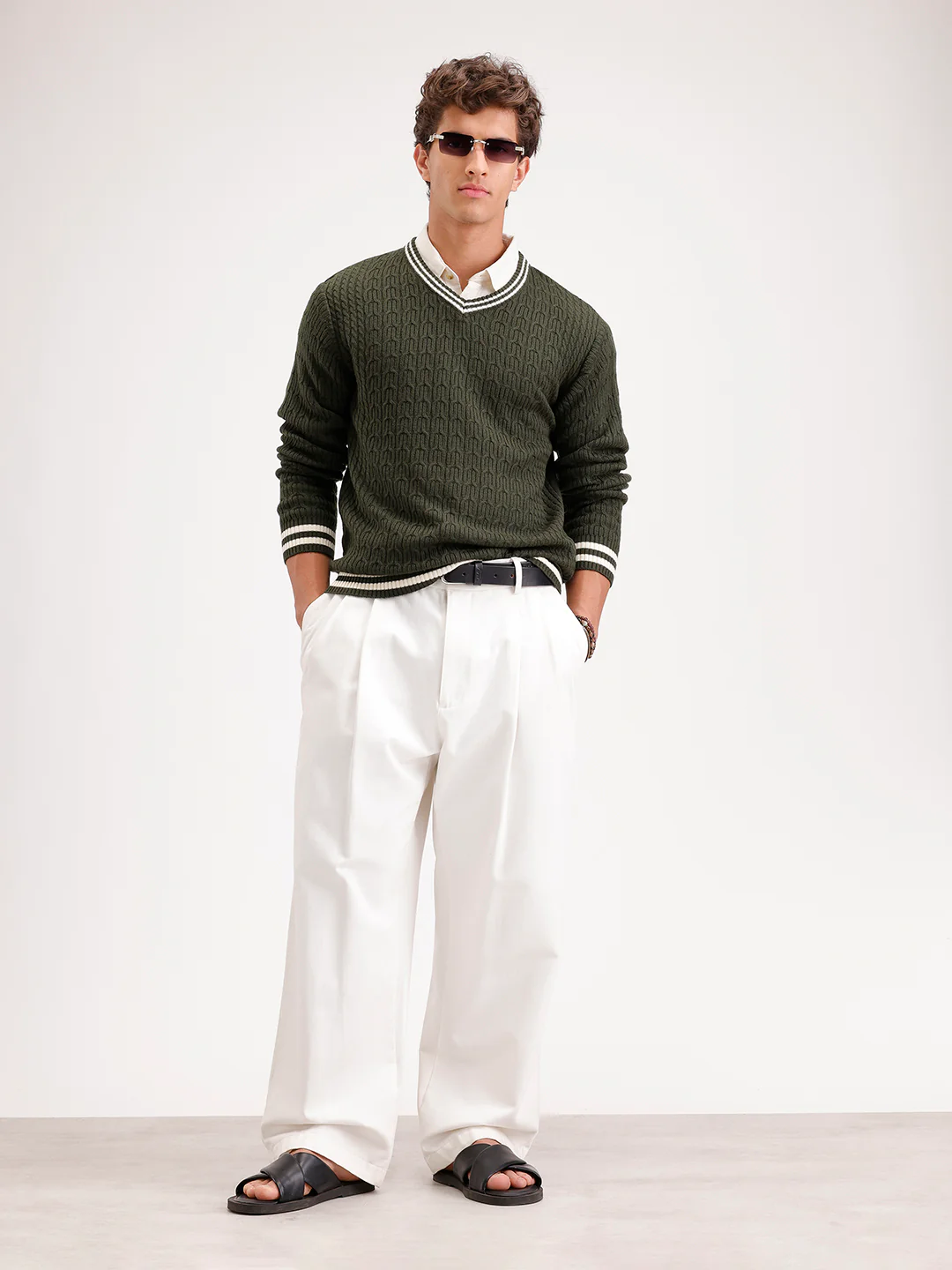 Classic Regular Fit Cable Knit Sweater  | Olive - Image 2