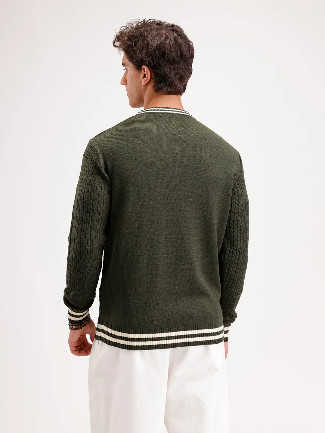 Classic Regular Fit Cable Knit Sweater  | Olive - Image 3