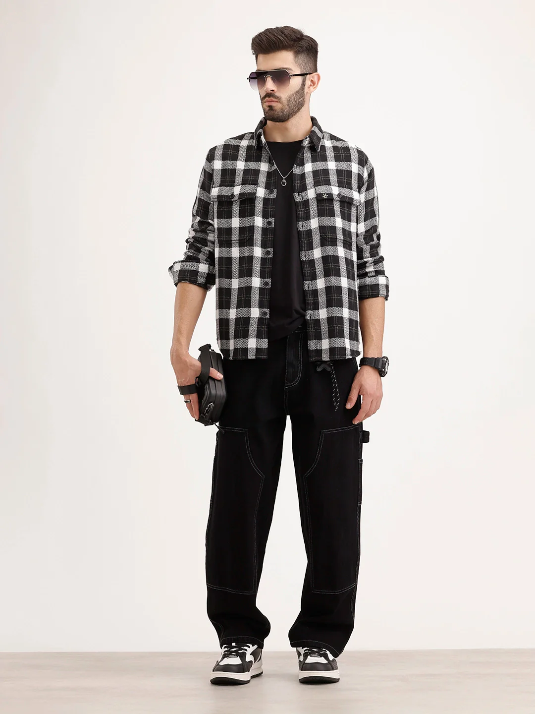 Regular Fit Herringbone Checkered Shirt | Black - Image 2