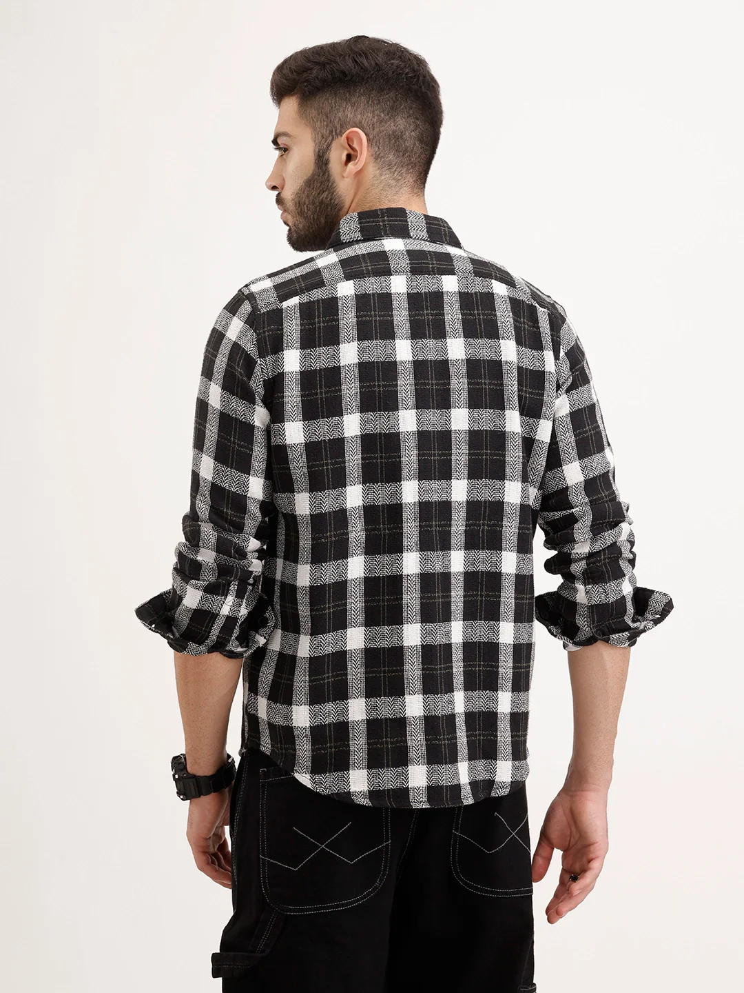 Regular Fit Herringbone Checkered Shirt | Black - Image 3