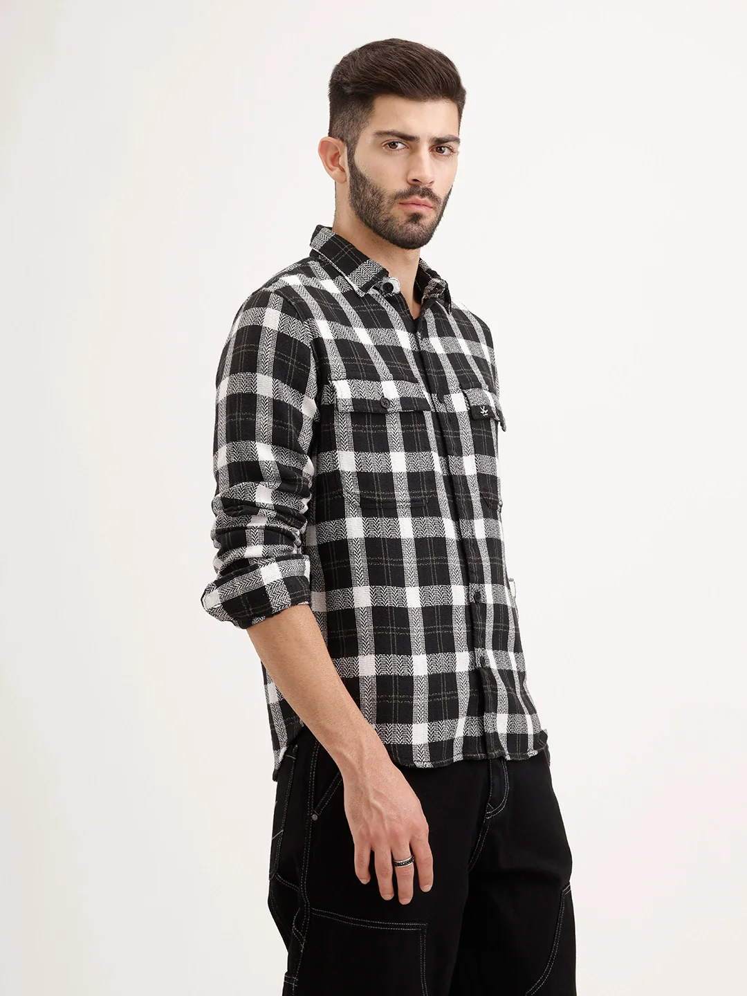 Regular Fit Herringbone Checkered Shirt | Black - Image 4