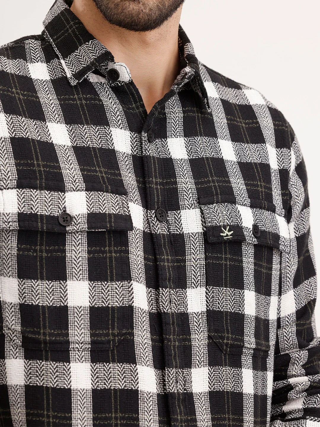 Regular Fit Herringbone Checkered Shirt | Black - Image 5