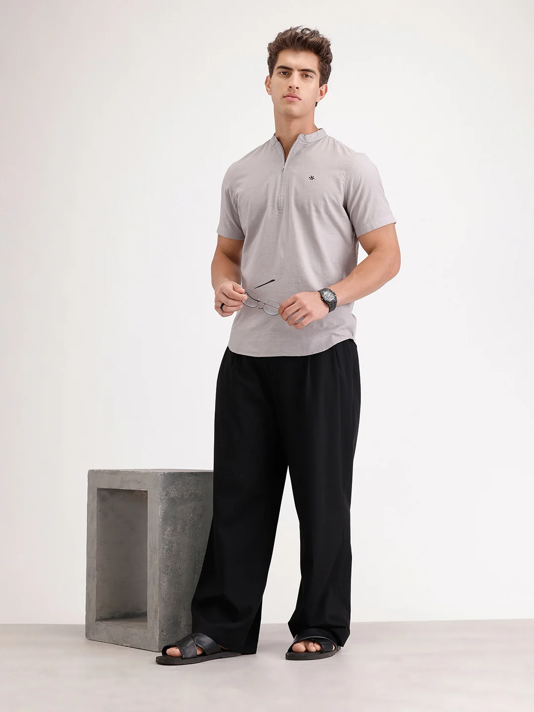Classic Regular Fit Mandrin Collar Shirt | Grey - Image 2