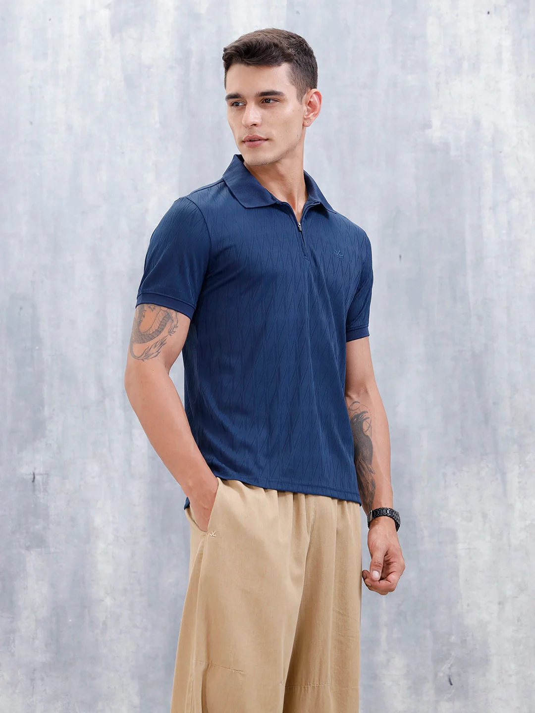 Classic Textured Men's Polo T-shirt | Navy Blue - Image 4