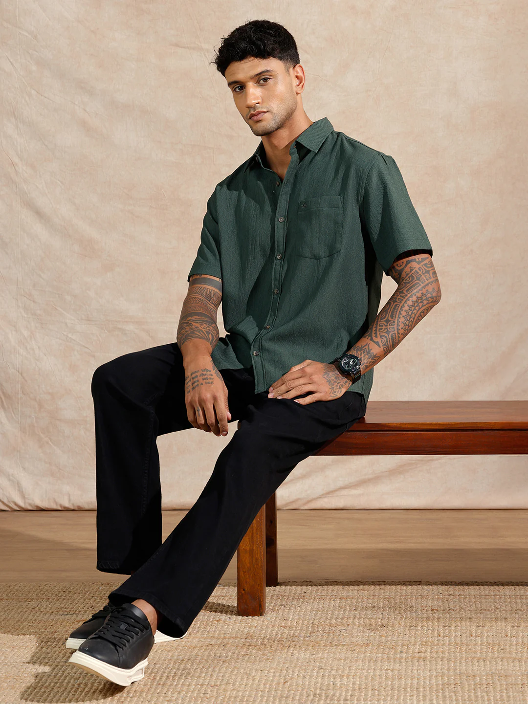 Classic Textured Short Sleeve Shirt | Dark Green - Image 2