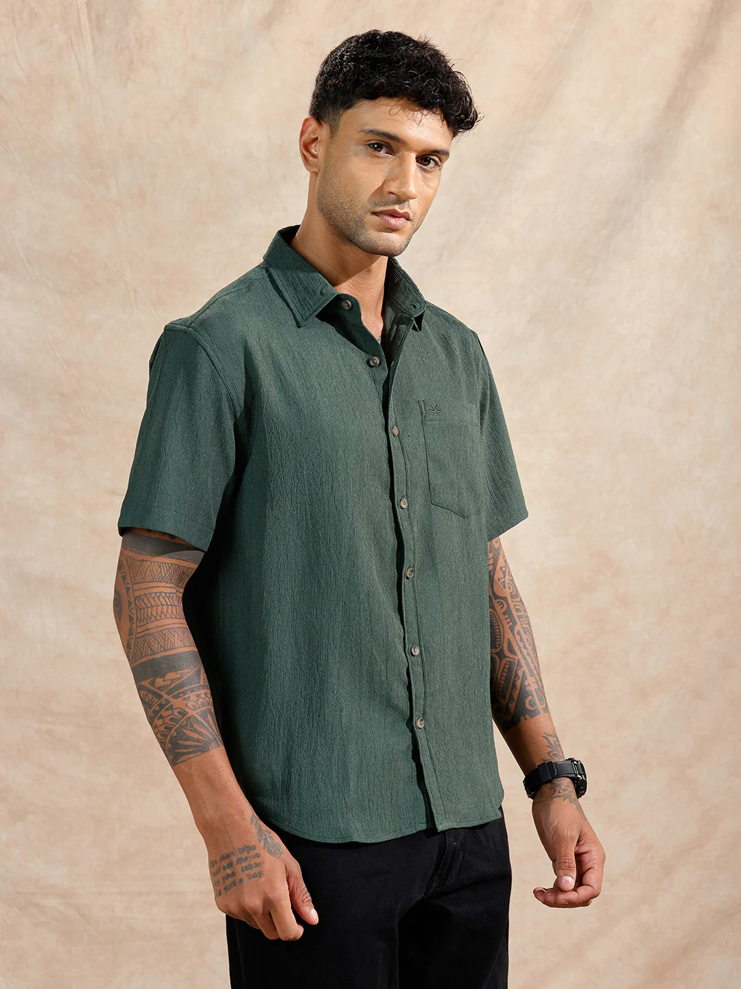 Classic Textured Short Sleeve Shirt | Dark Green - Image 4