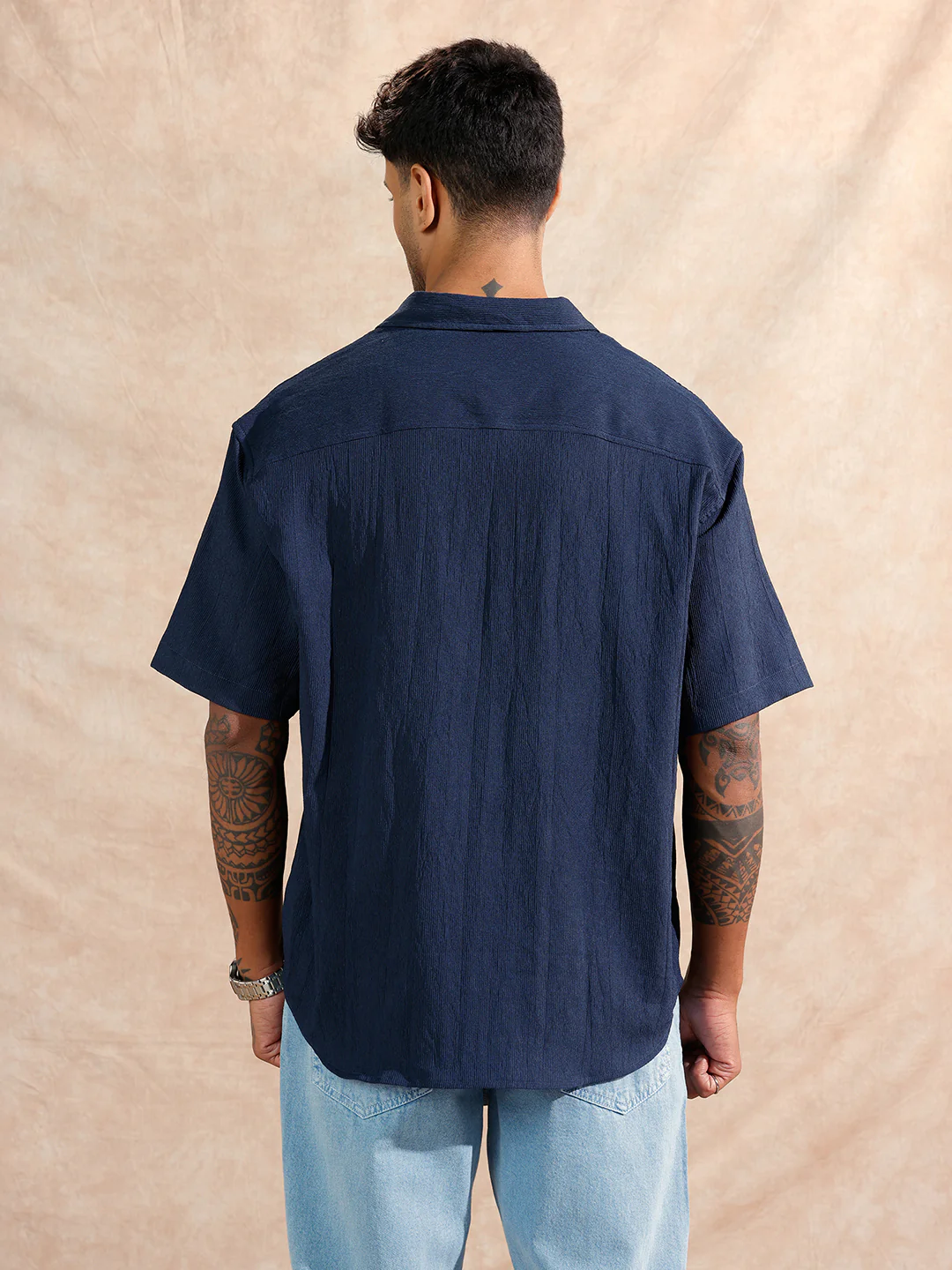 Classic Textured Short Sleeve Shirt  | Navy Blue - Image 3