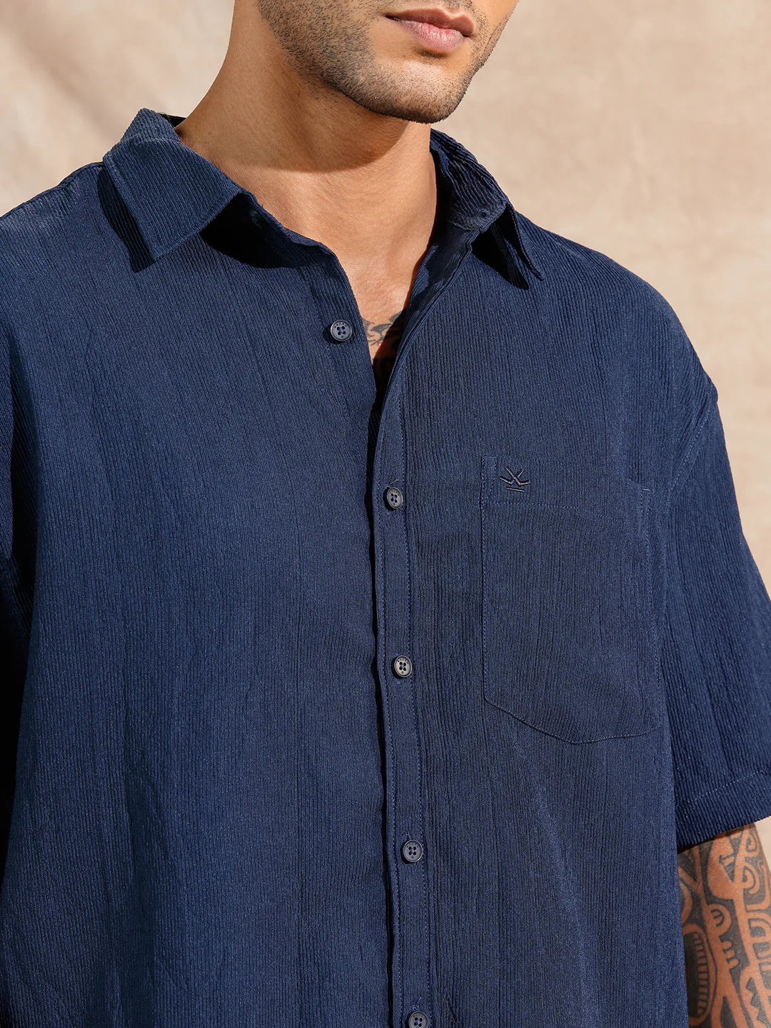 Classic Textured Short Sleeve Shirt  | Navy Blue - Image 5