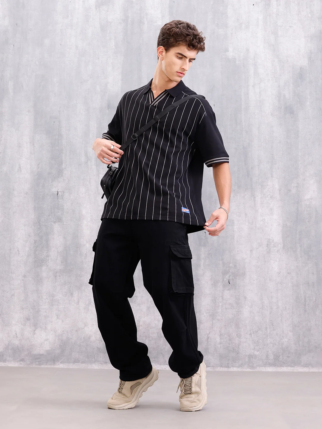 Club-Inspired Retro Johnny Collar Striped T-Shirt | Black - Image 2