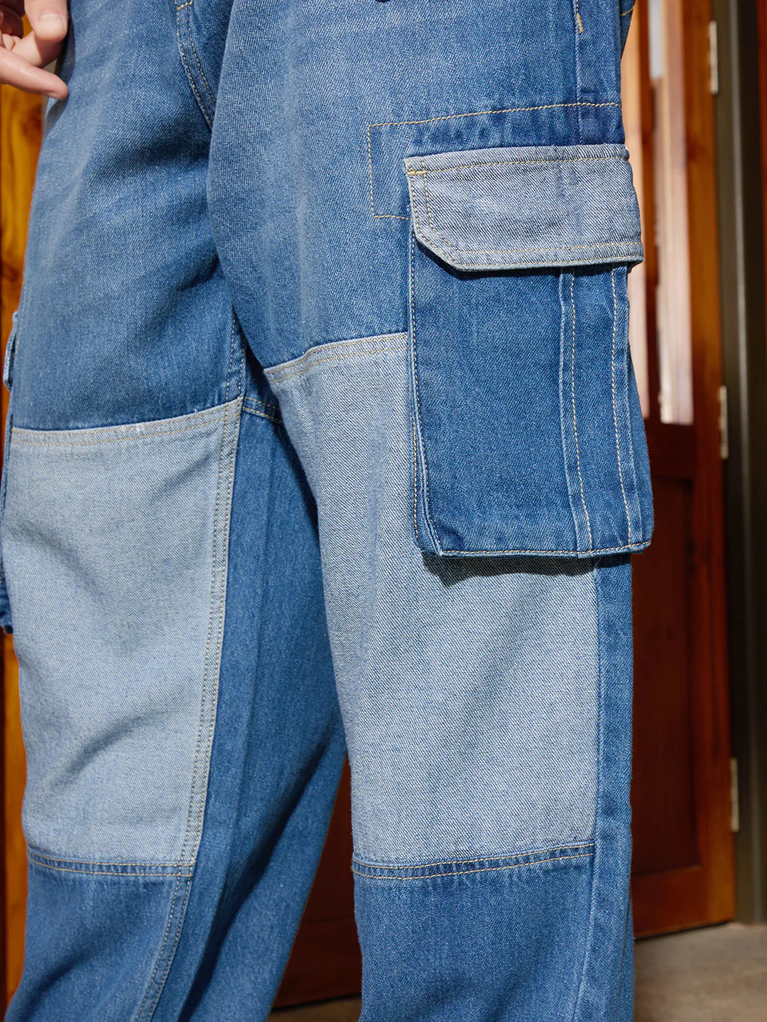 Colour Blocked Denim Cargo | Blue - Image 6