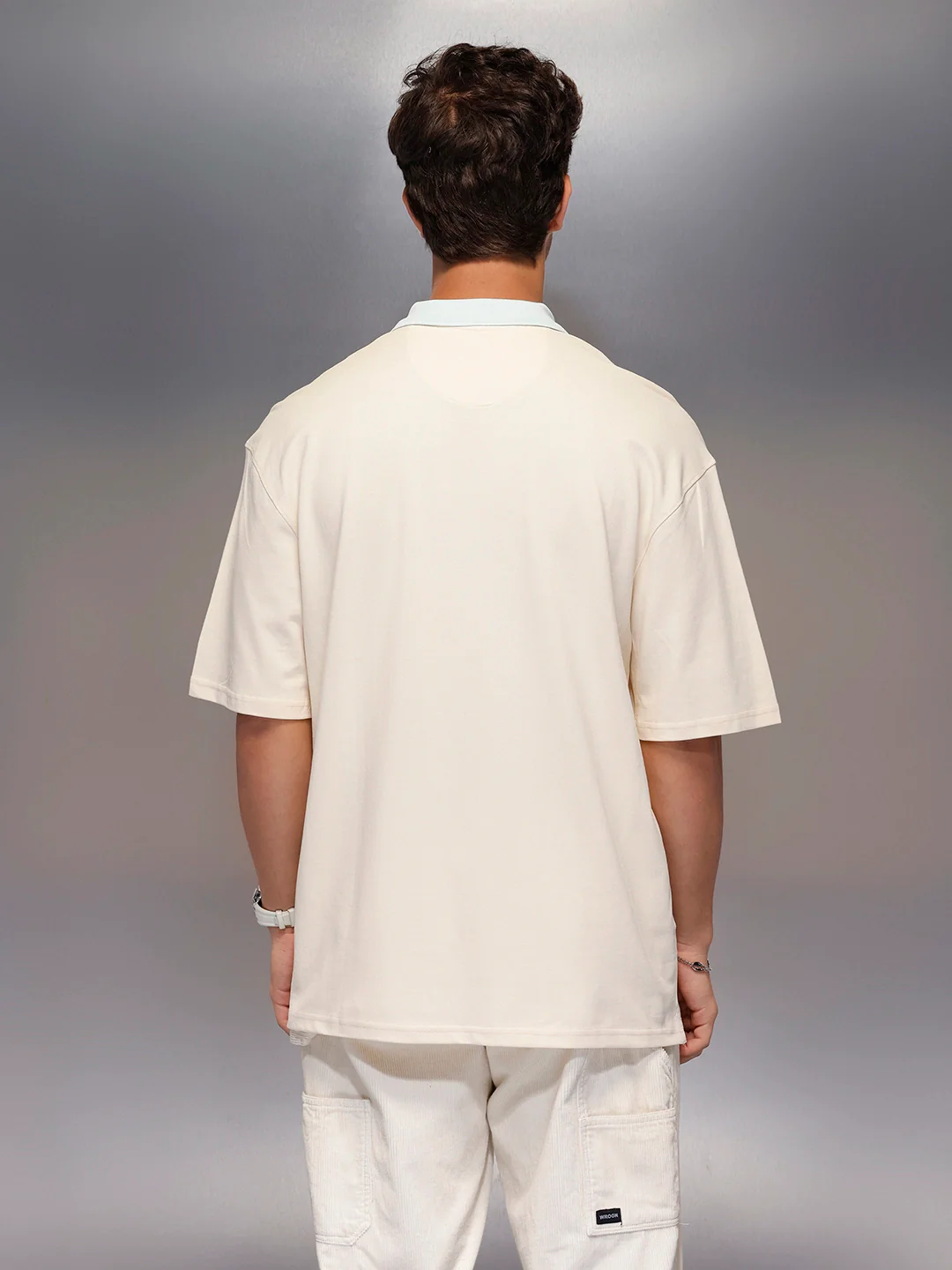 Colour Blocked Oversized Polo T-Shirt   |  Beige - Image 3