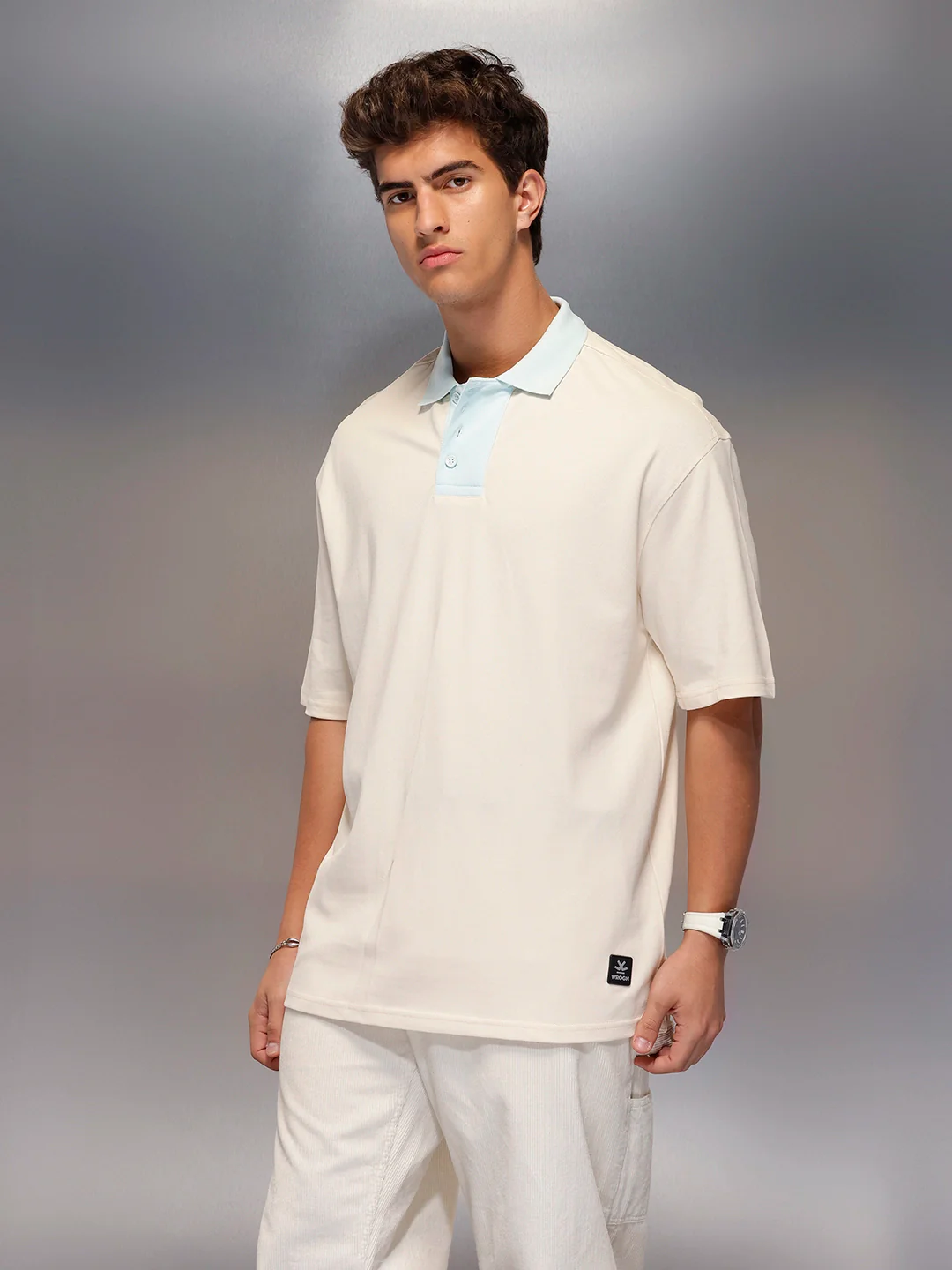 Colour Blocked Oversized Polo T-Shirt   |  Beige - Image 4