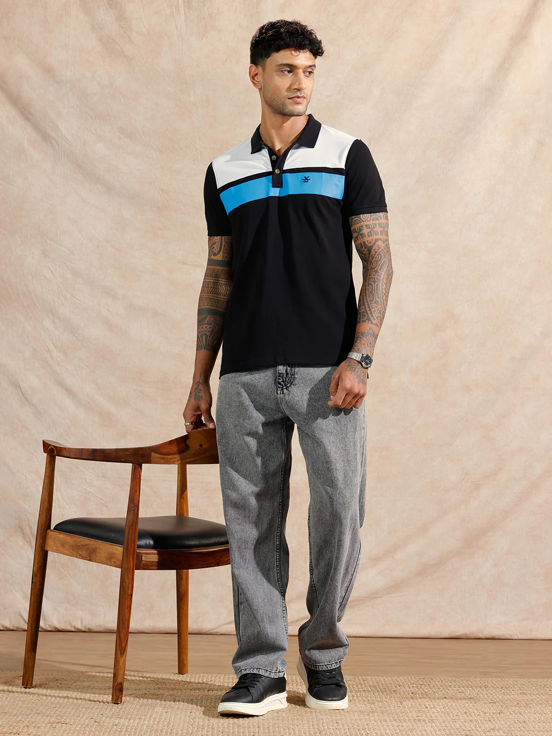 Colour Blocked Polo T-Shirt | Black - Image 2