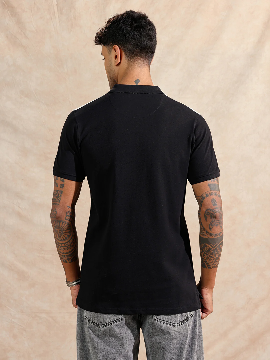 Colour Blocked Polo T-Shirt | Black - Image 3