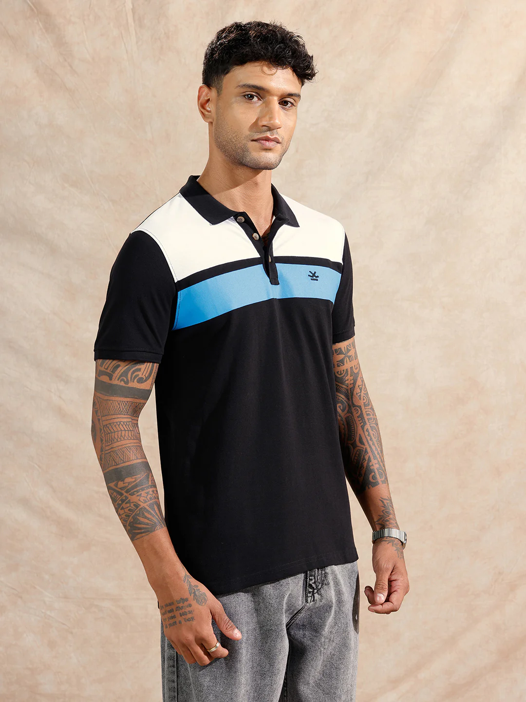 Colour Blocked Polo T-Shirt | Black - Image 4