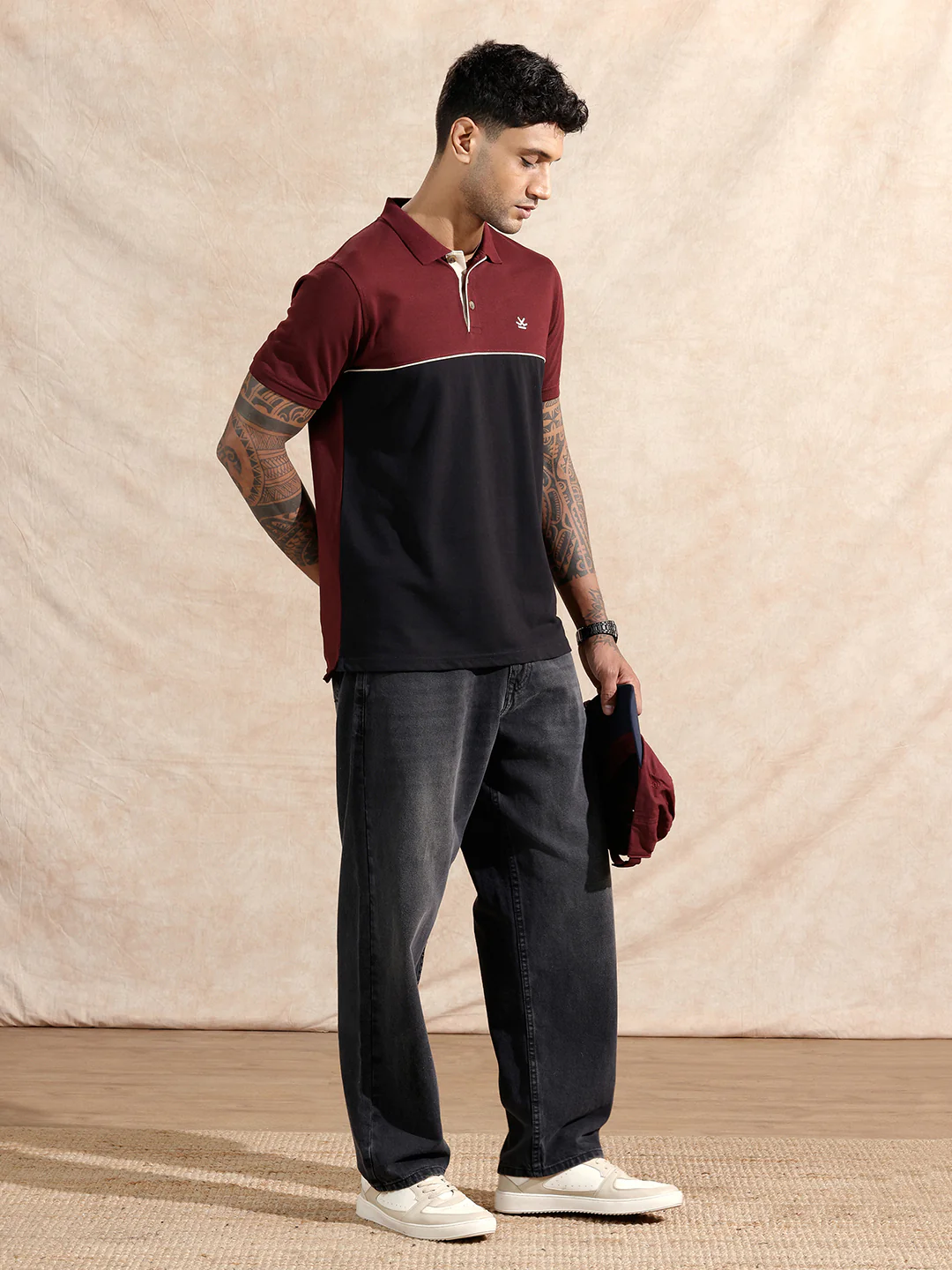 Colour Blocked Polo T-Shirt | Maroon & Black - Image 2