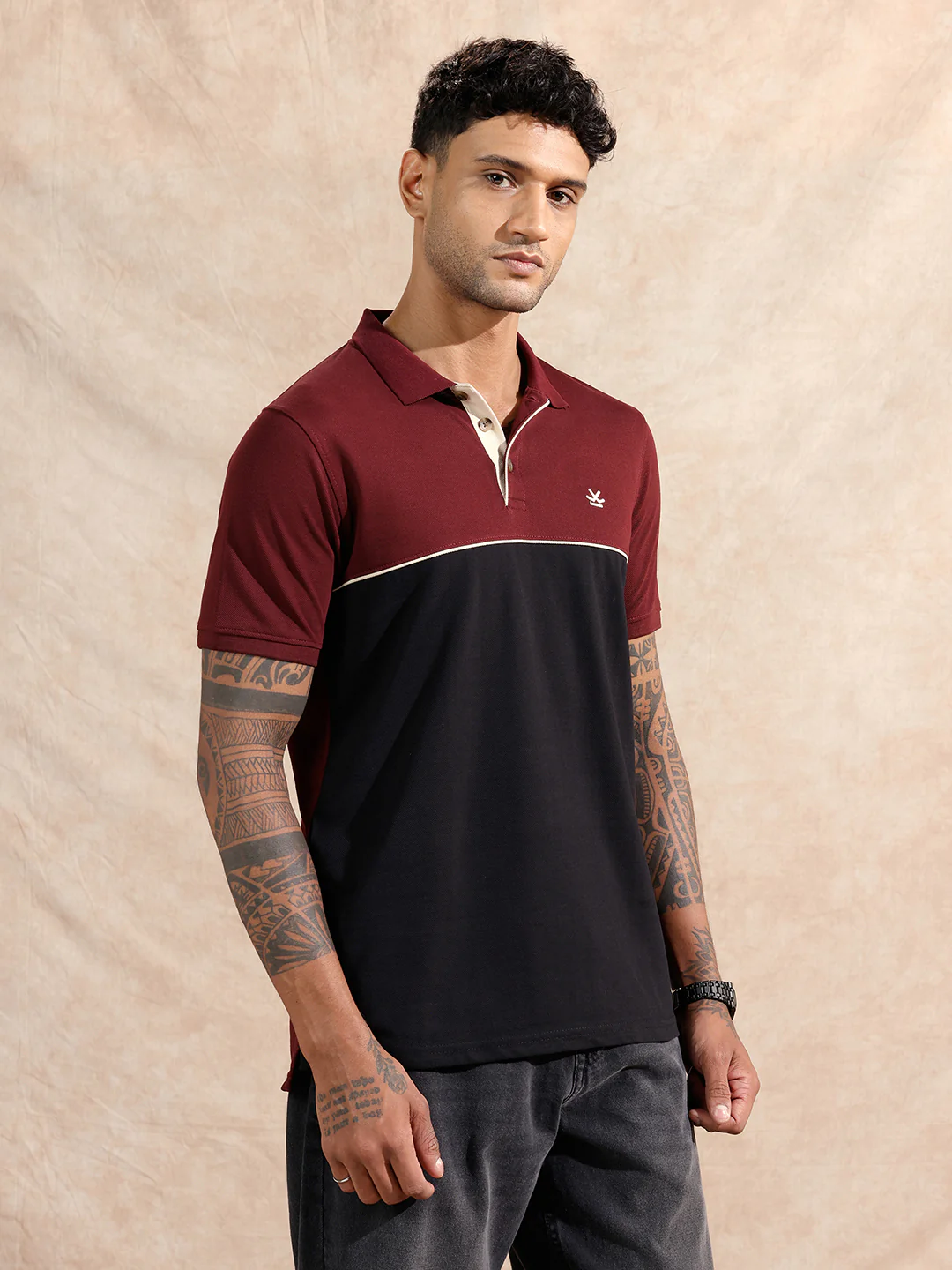 Colour Blocked Polo T-Shirt | Maroon & Black - Image 4