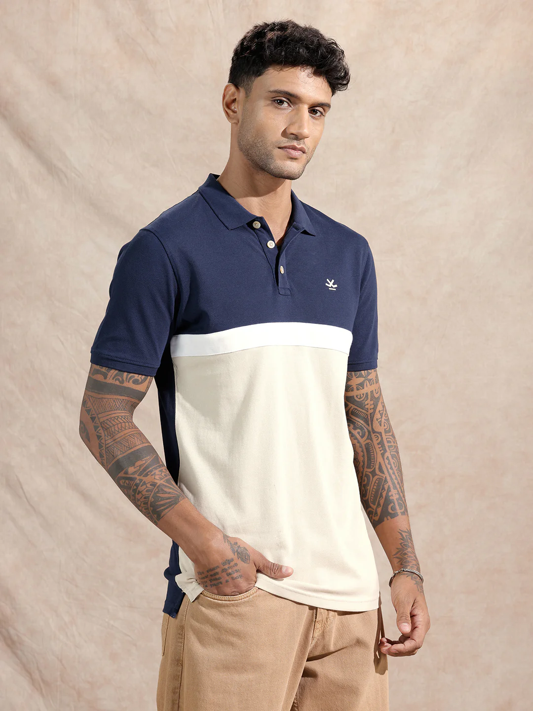 Colour Blocked Polo T-Shirt | Navy & Beige - Image 4