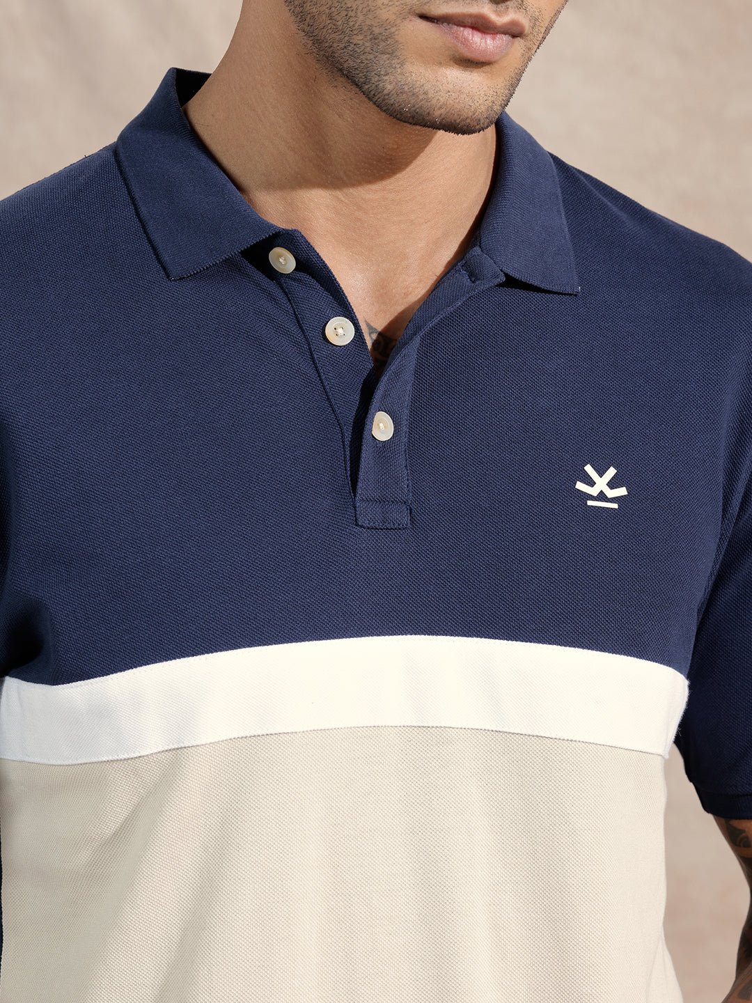 Colour Blocked Polo T-Shirt | Navy & Beige - Image 5