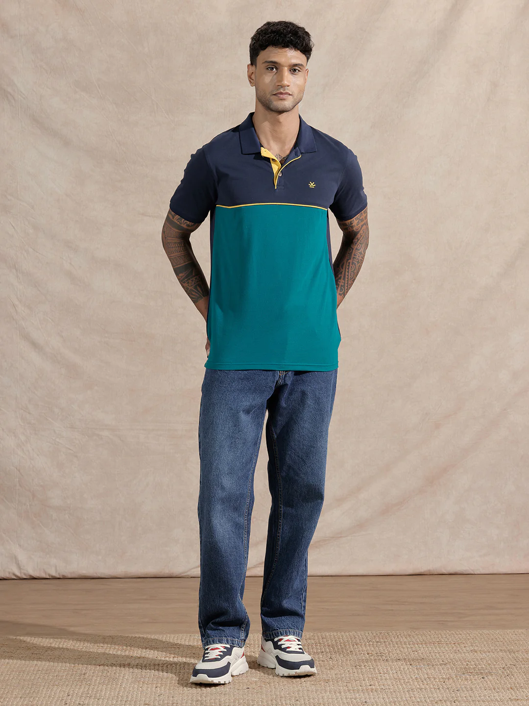 Colour Blocked Polo T-Shirt | Navy & Teal - Image 2