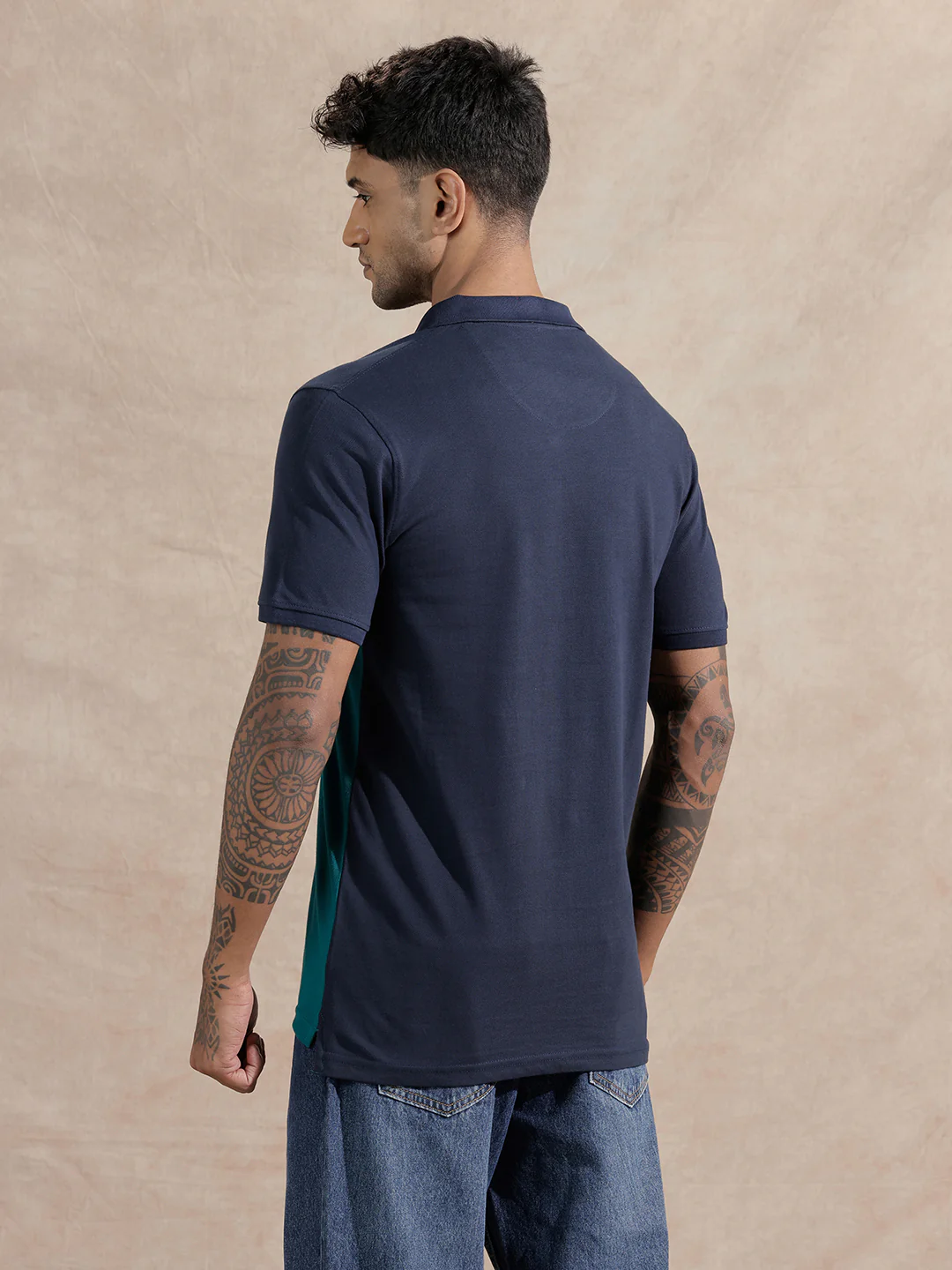 Colour Blocked Polo T-Shirt | Navy & Teal - Image 3