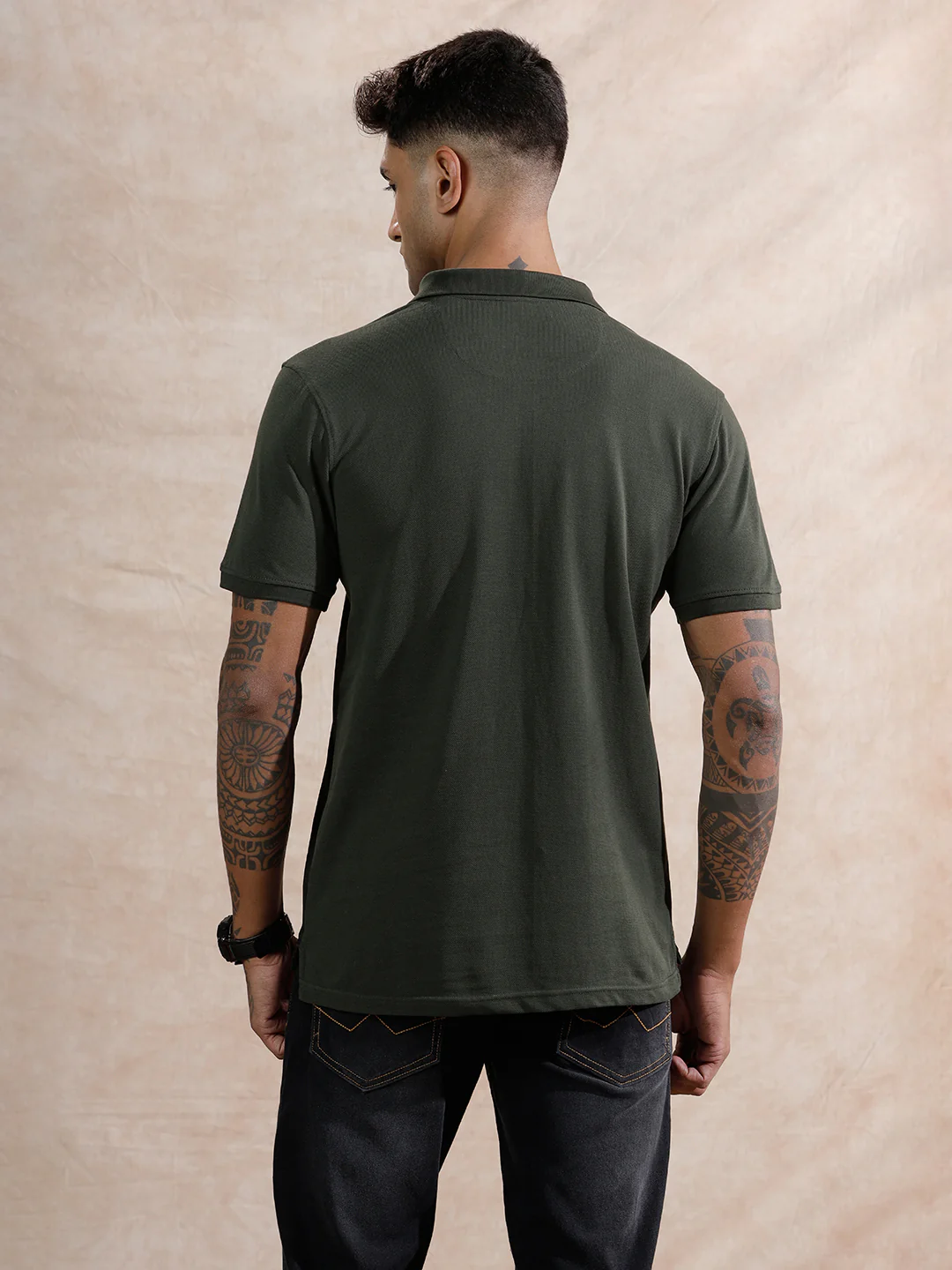 Colour Blocked Polo T-Shirt | Olive - Image 3