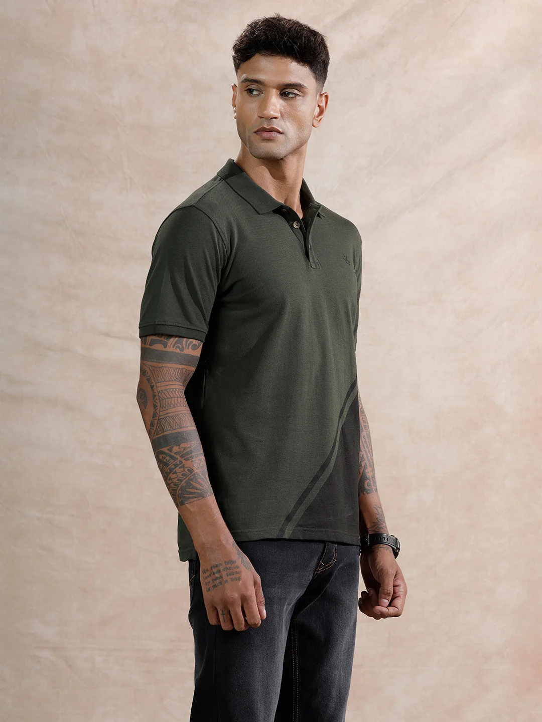 Colour Blocked Polo T-Shirt | Olive - Image 4
