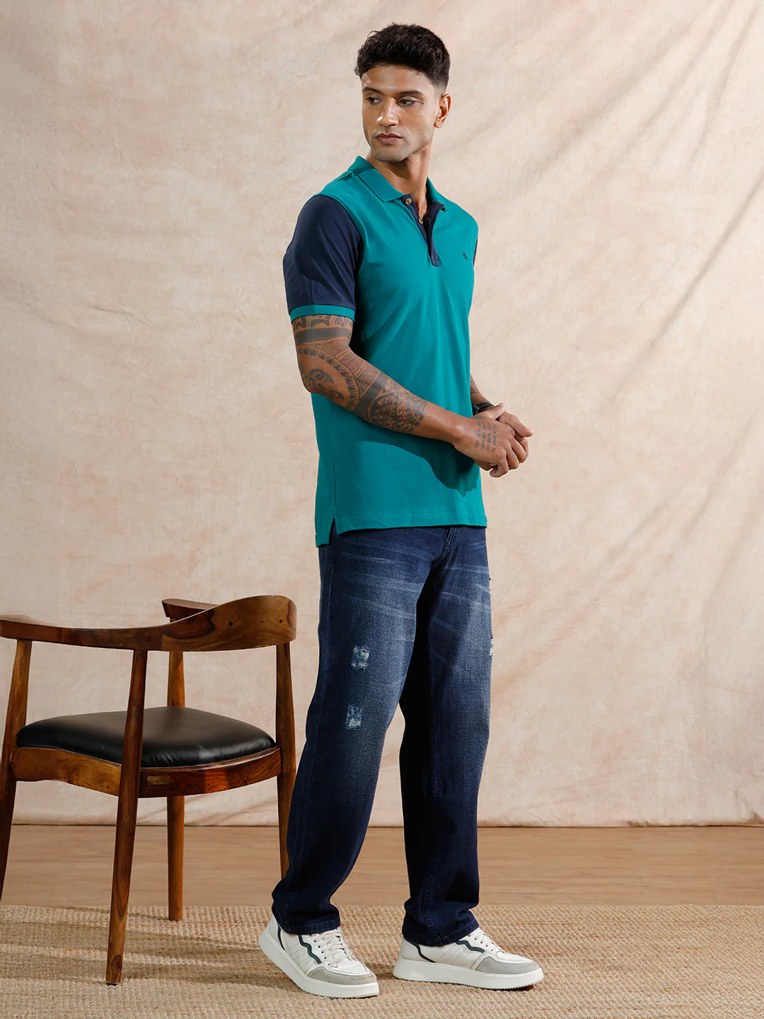 Colour Blocked Polo T-Shirt | Teal & Navy - Image 2