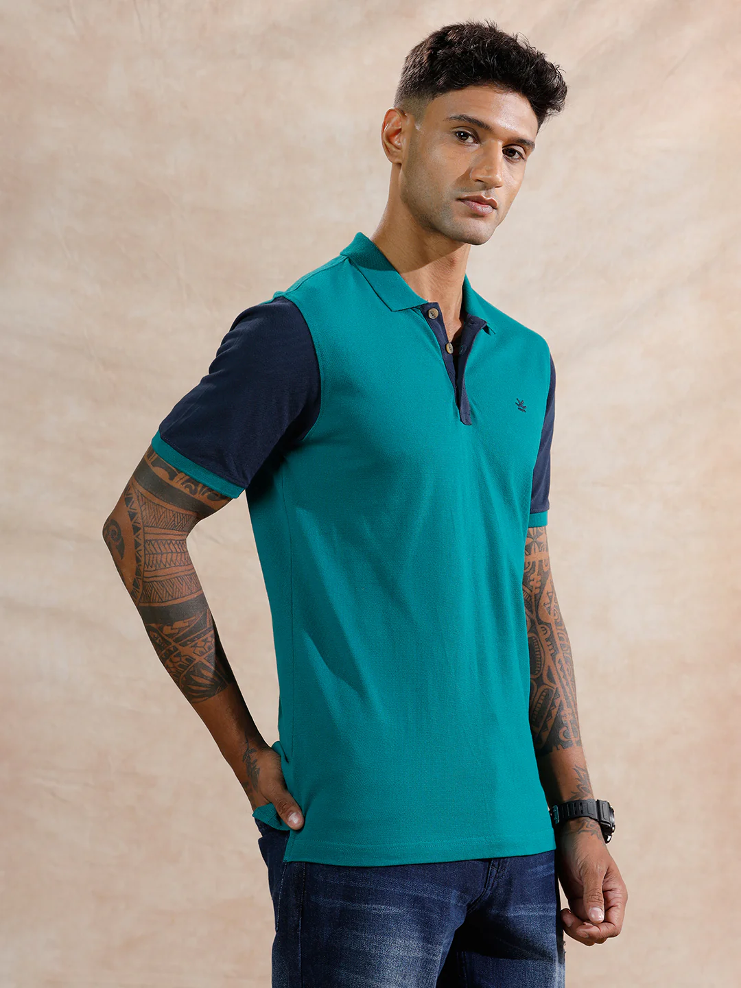 Colour Blocked Polo T-Shirt | Teal & Navy - Image 4